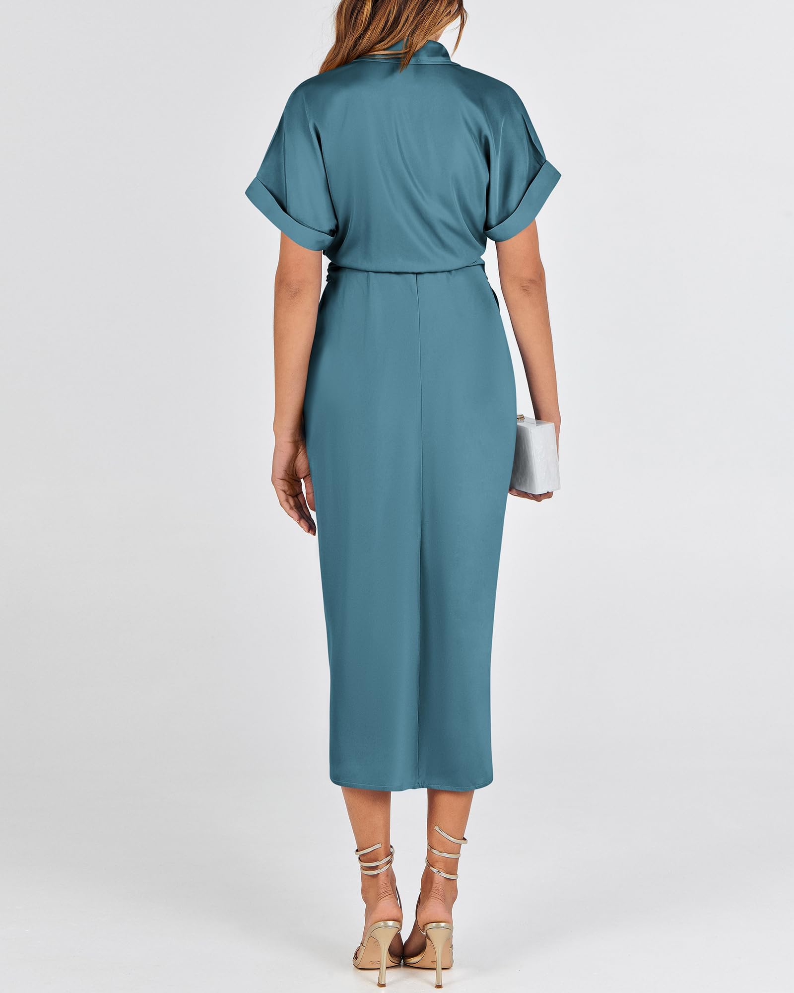 BTFBM Women's 2025 Elegant Ruched Button Down Shirt Dress - Short Sleeve Lapel V-Neck Satin Maxi Dress for Spring Summer, Perfect for Party, Wedding, Cocktail & Formal Occasions