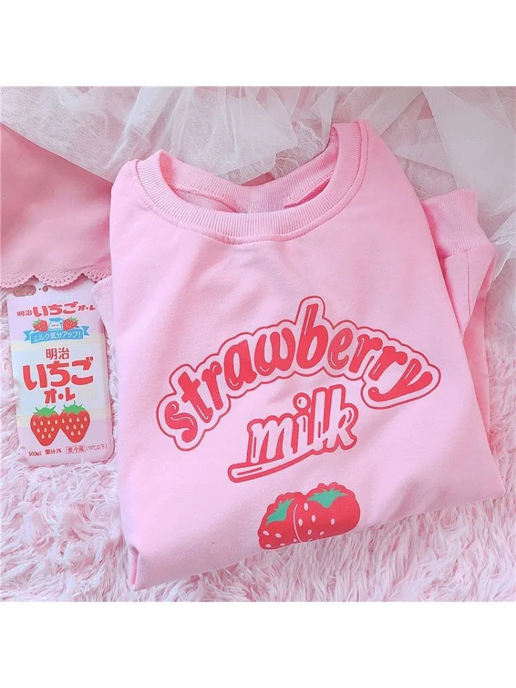 3XL Harajuku Kawaii Strawberry Print Pink Fleece Sweatshirt for Women - Cute Y2K Kpop Fashion Top - Perfect for Streetwear, Casual Outfits & Anime Cosplay