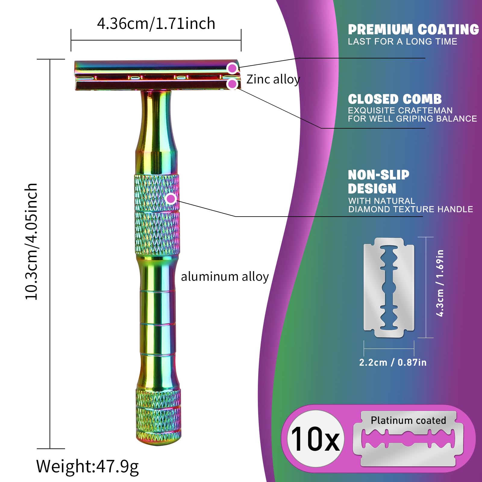 Premium Double Edge Safety Razor with Stand - Reusable Metal Razor for Men & Women - Includes 10 Platinum Coated Blades - Eco-Friendly Shaving Solution for Face & Body - Perfect for Home, Travel & Sustainable Grooming - Rainbow Finish