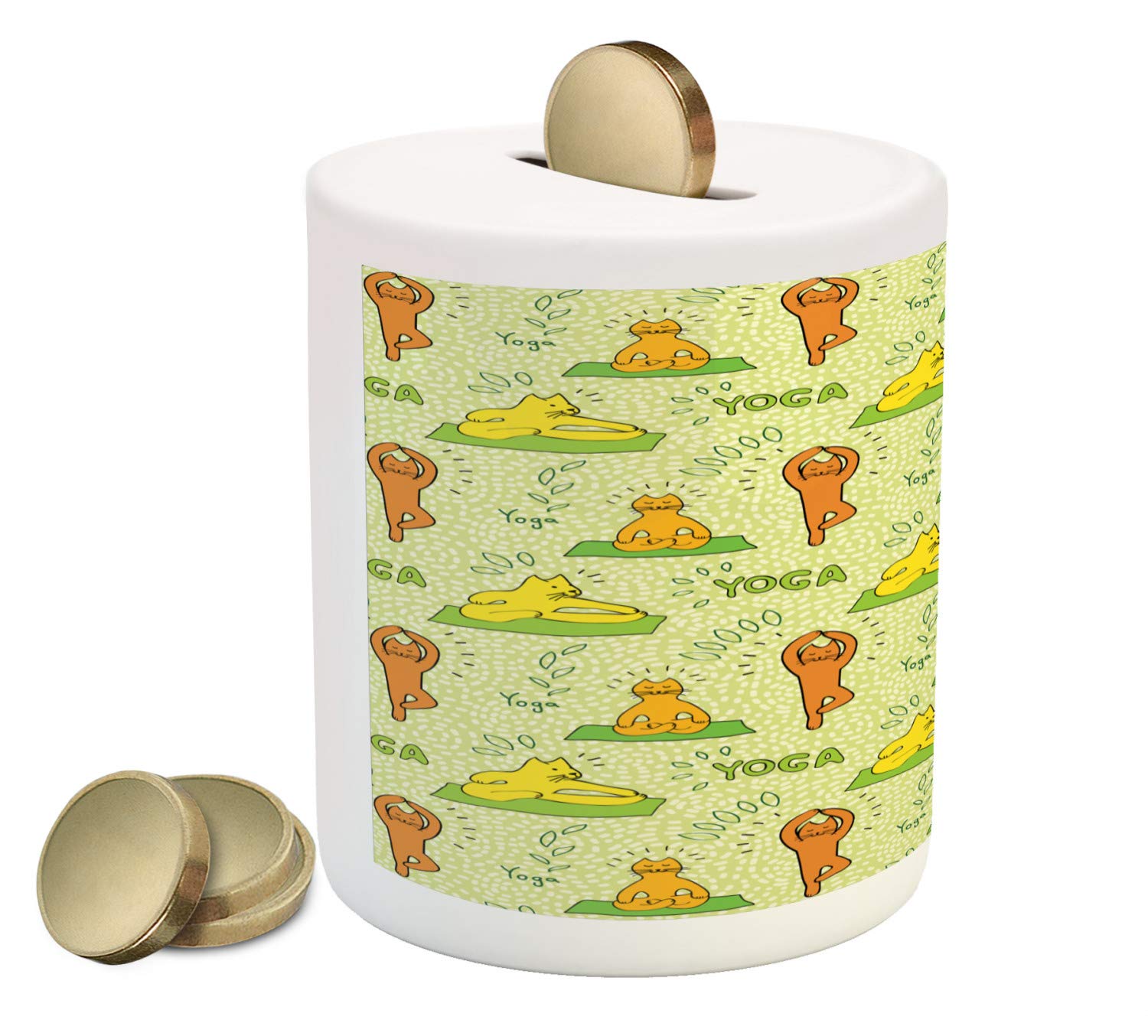 Lunarable Cat Piggy Bank - Printed Ceramic Coin Bank for Cash Saving | Cute Kitten Practicing Yoga Meditation Hippie Humor Design in Marigold & Green | Perfect Gift for Cat Lovers & Yoga Enthusiasts | Great for Home Decor, Office Desk, or Kids' Savings