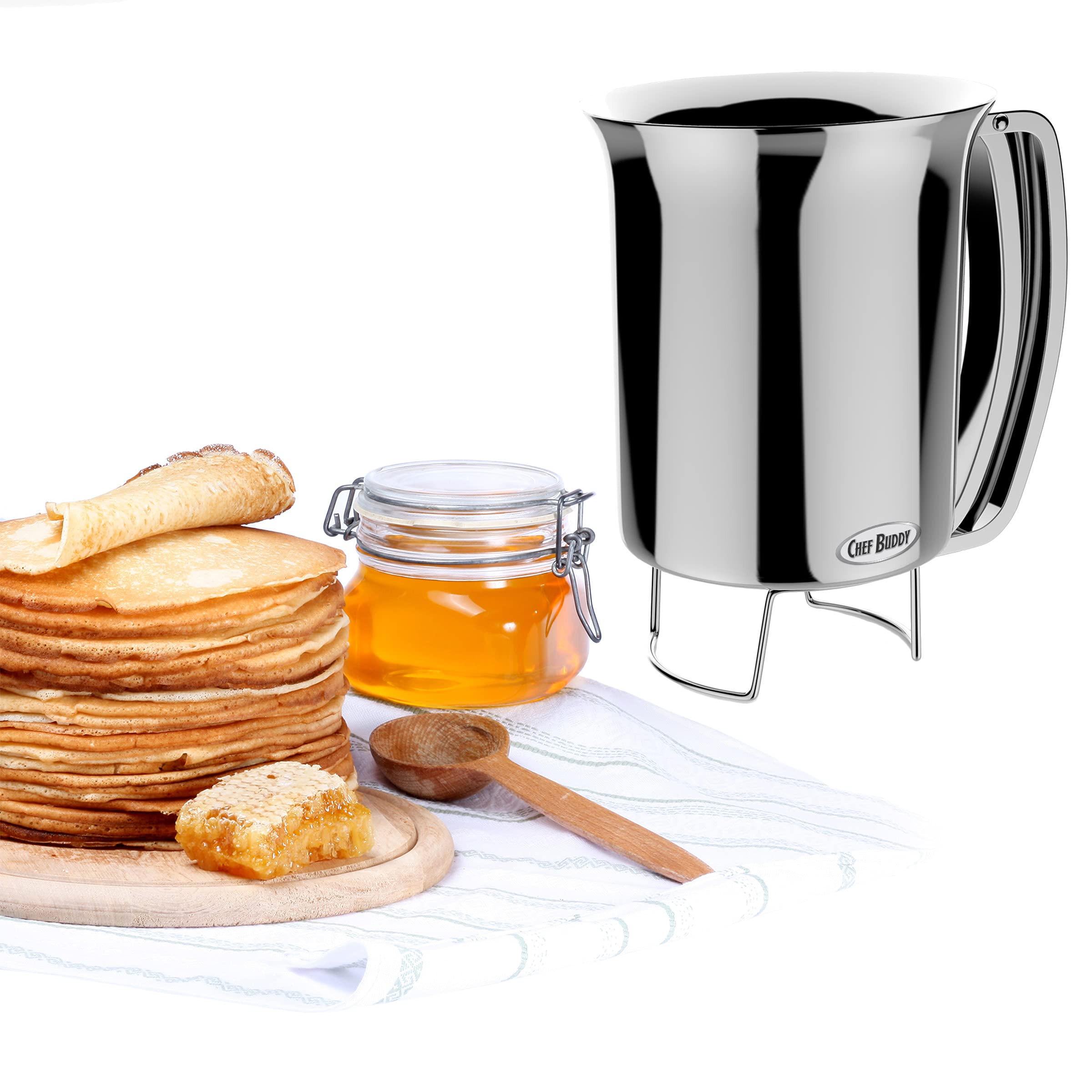 Premium Stainless Steel Pancake Batter Dispenser - No Drip Pourer for Perfect Pancakes, Waffles, Cupcakes & Muffins - 4.25