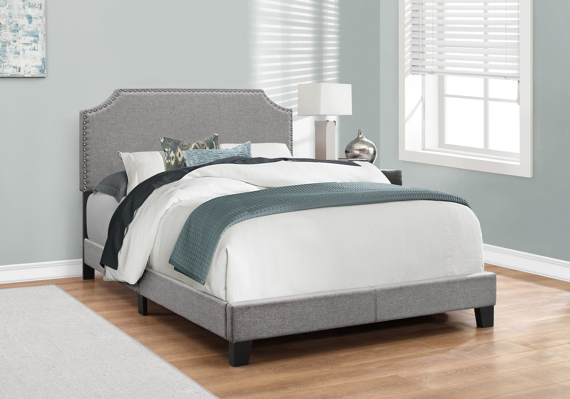 Full Size Bed Frame with Grey Linen Upholstery & Chrome Trim - Modern Platform Bed for Small Spaces, Guest Rooms & Apartments