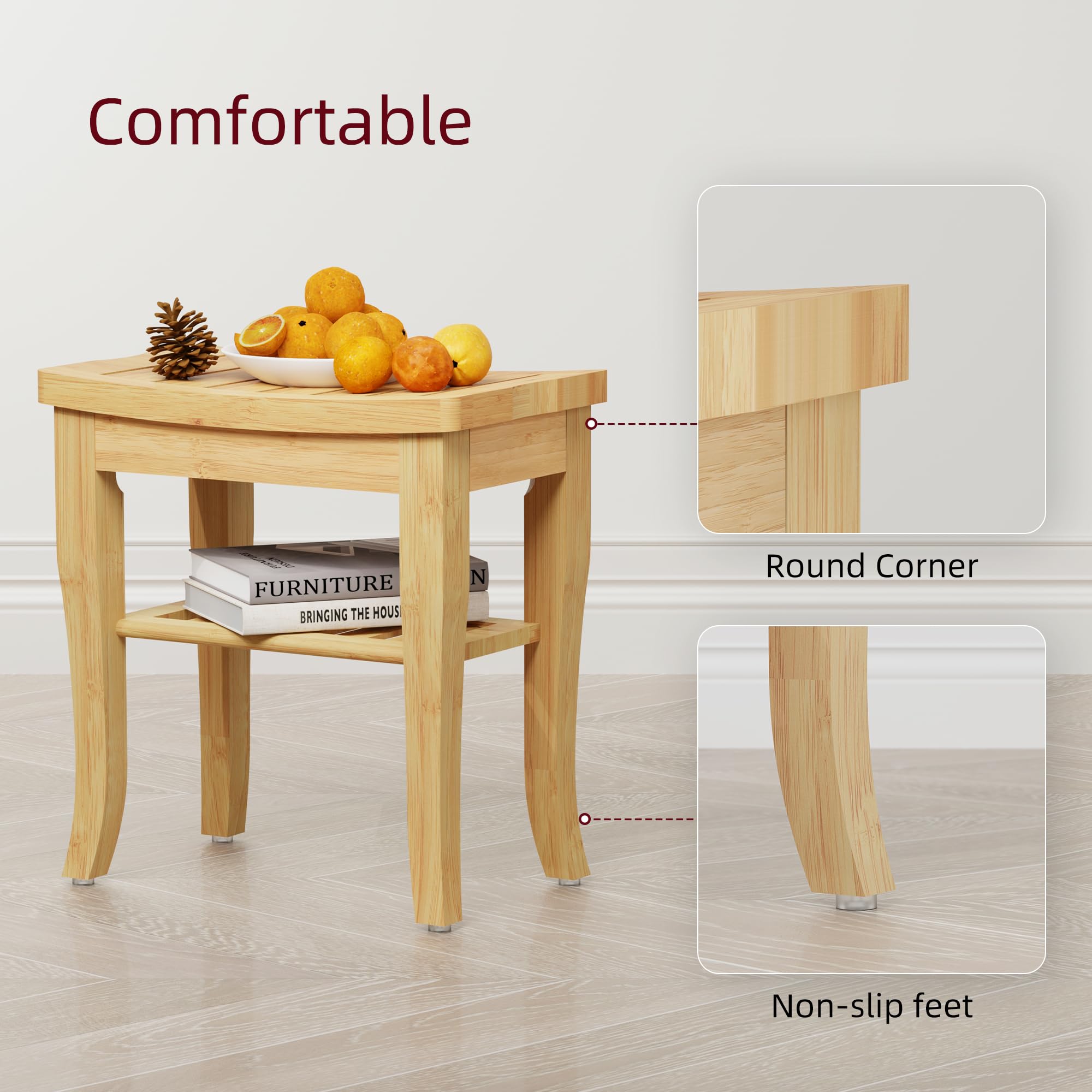 Waterproof Bamboo Shower Bench with Storage Shelf - Spa Stool for Elderly & Seniors - Natural Wood Bathroom Seat for Indoor/Outdoor Use - Perfect for Shower Safety & Relaxation