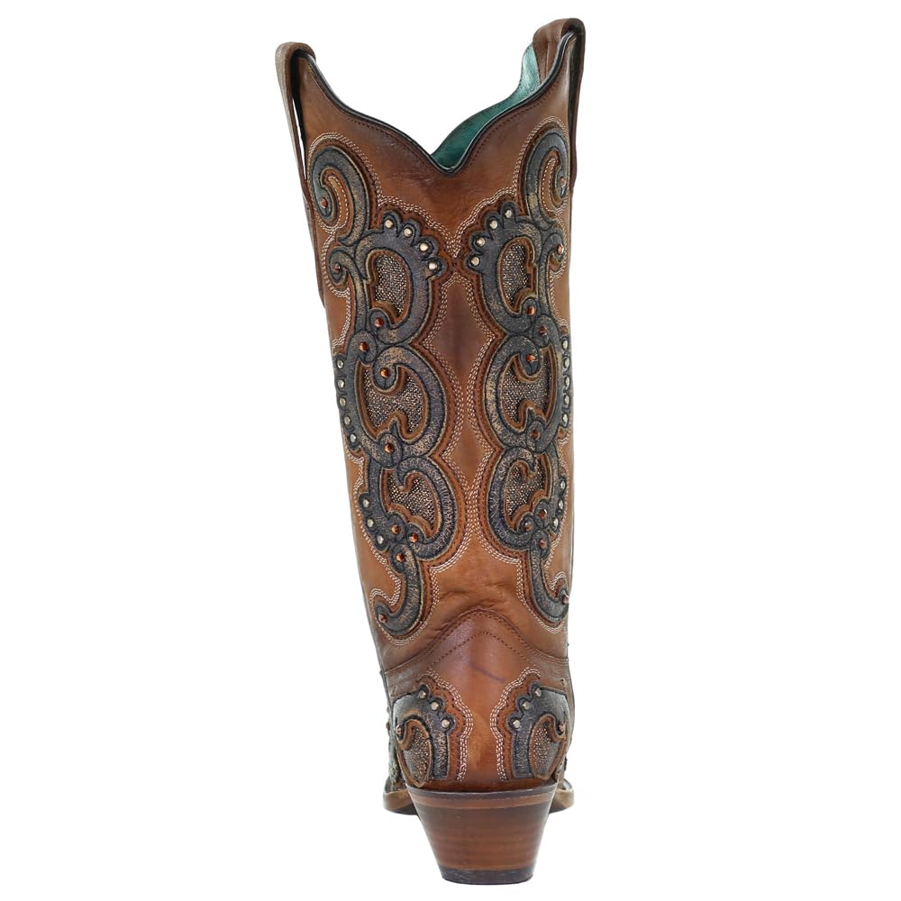 Women's Honey Overlay Embroidered Studded Snip Toe Cowgirl Boots - Mid Calf Western Boots with 2-3