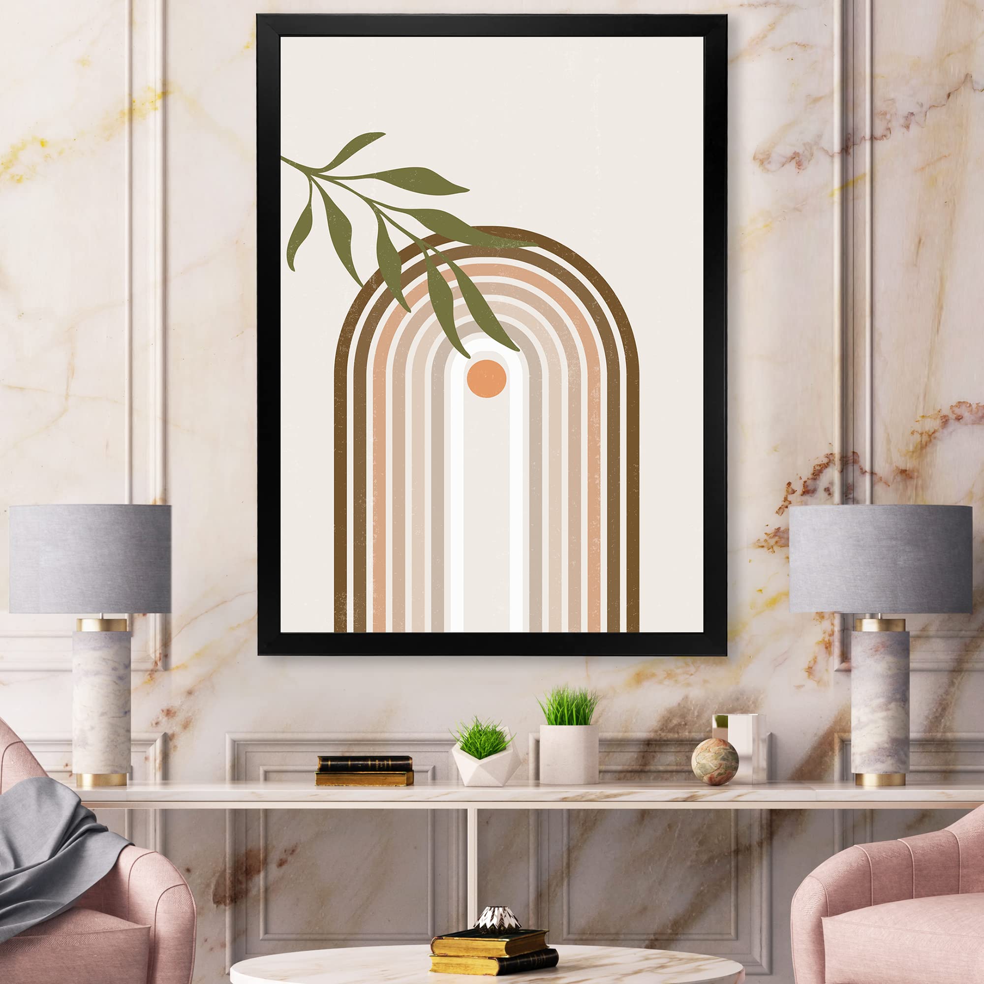 Abstract Sun and Moon with Green Leaf Modern Framed Wall Art - Contemporary Home Decor for Living Room, Bedroom & Office