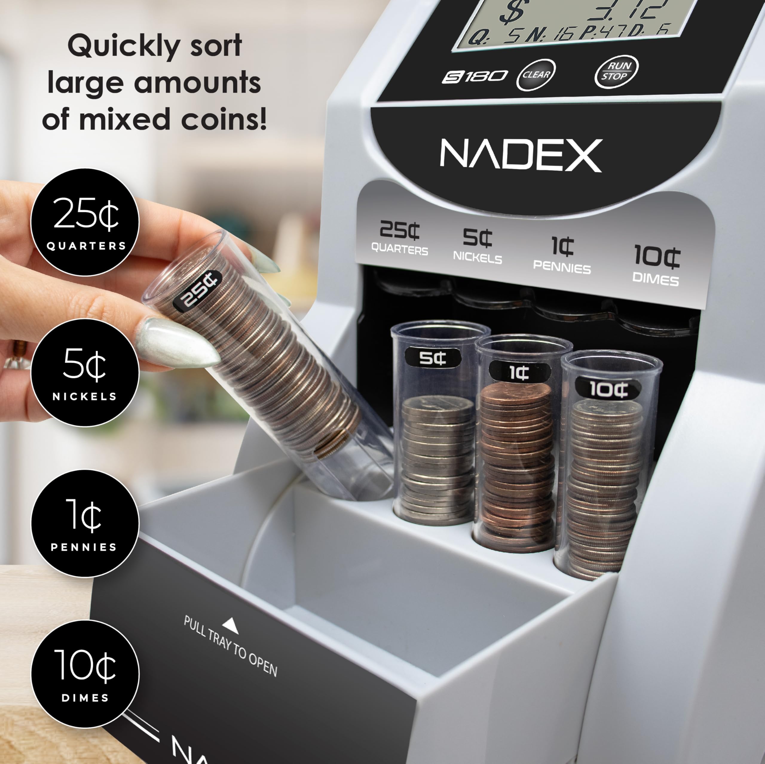 Nadex S180 Digital Coin Counter Machine - Automatic Coin Sorter, Counter & Wrapper for US Coins | Fast Batch Counting & Rolling | Perfect for Banks, Retail Stores & Home Use