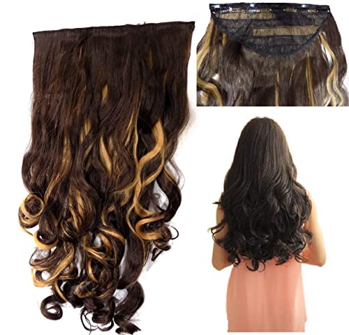 KAVIN 5 Clip-In Curly Wavy Synthetic Hair Extensions - Golden Brown Hairpiece for Women & Girls - Heat Resistant Styling Tool (1 Pack) - Perfect for Parties, Weddings & Everyday Glam