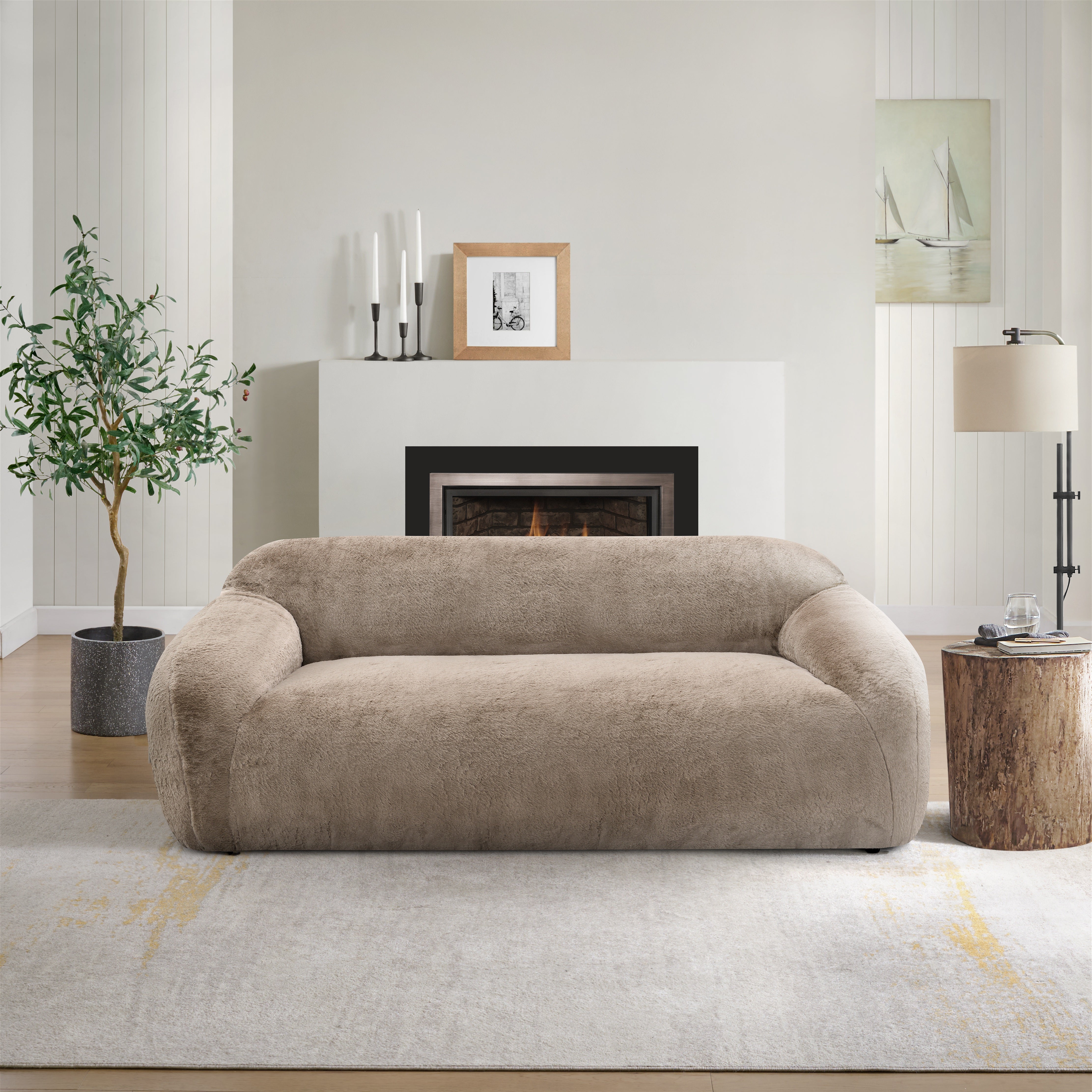 Roundhill Furniture Adell Polar Bear Faux Fur Upholstered Sofa - Luxurious White Plush Fabric Living Room Couch for Cozy Home & Winter Decor