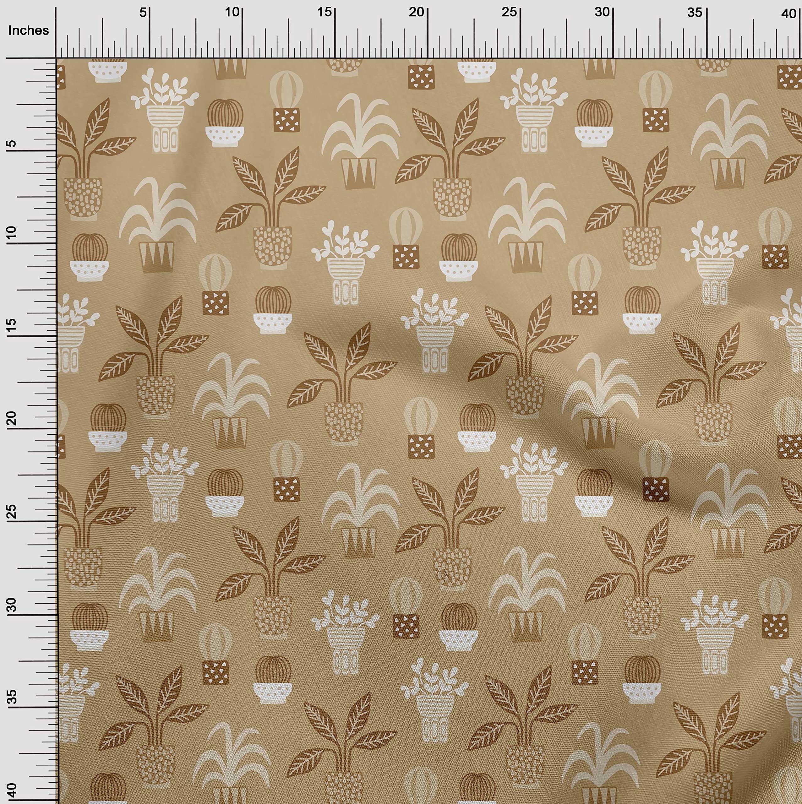 Premium 100% Cotton Poplin Twill Fabric - Light Brown with Floral Pot Motif Print | 56 Inch Wide by The Yard | Perfect for Sewing, DIY Crafts, Home Decor & Quilting Projects