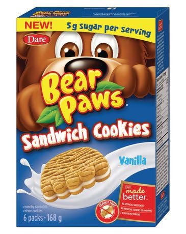 Dare Bear Paws Vanilla Sandwich Cookies, 168g/5.9oz (12 Pack) - Imported from Canada - Perfect for Snacking, Lunchboxes & Tea Time Treats