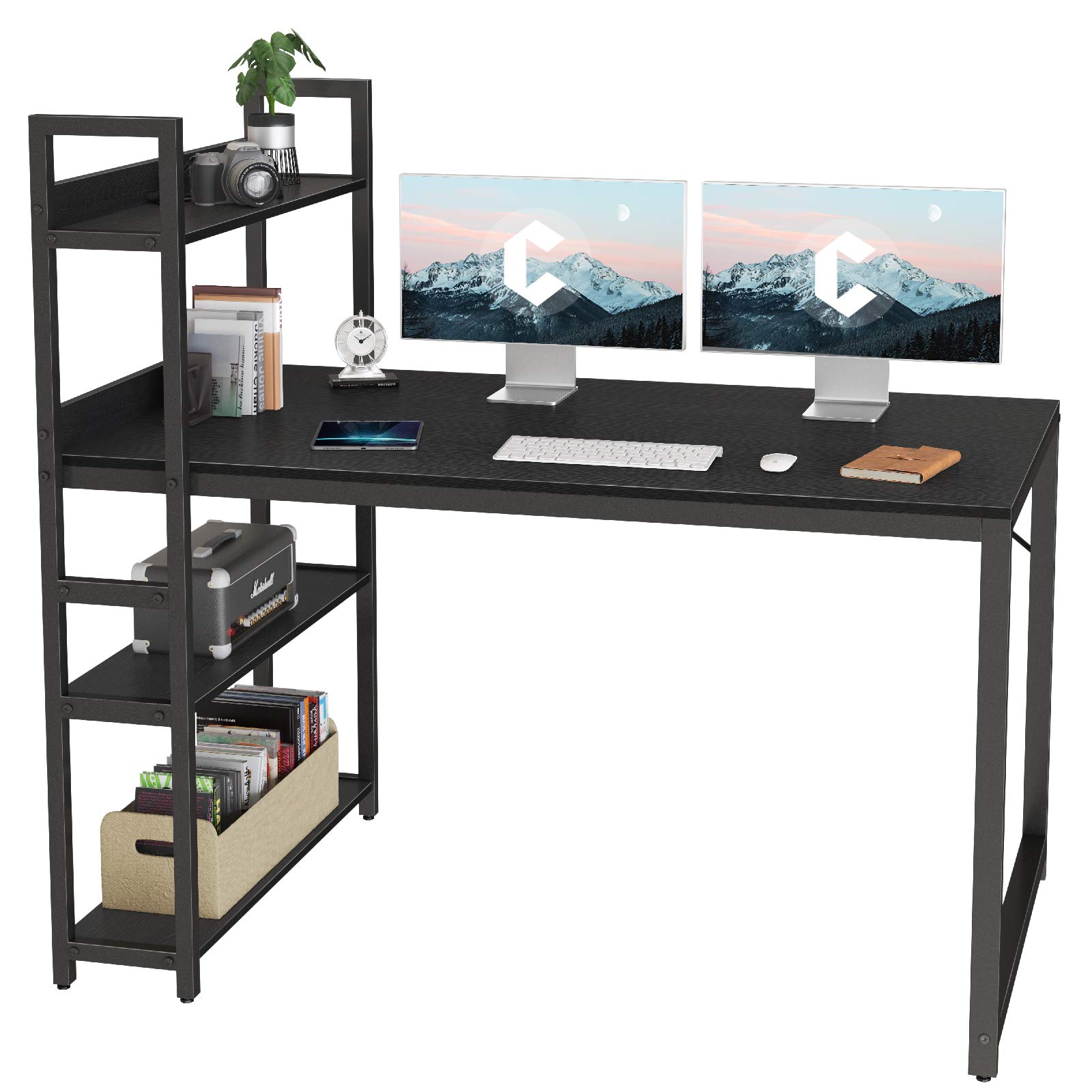 CubiCubi 55 Inch Computer Desk with Storage Shelves & Reversible Design, Modern Home Office Writing Table with Bookshelf - Perfect for Small Spaces, Gaming, and Remote Work (Black)