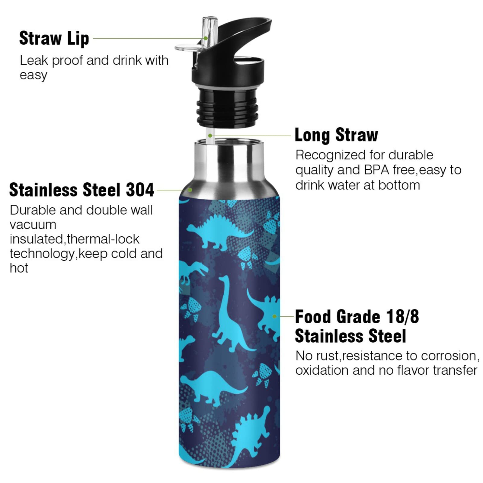 Qilmy 20 oz Stainless Steel Vacuum Insulated Water Bottle with Straw Lid - Dinosaur Design for Kids | Leakproof Thermos for School, Sports & Outdoor Activities