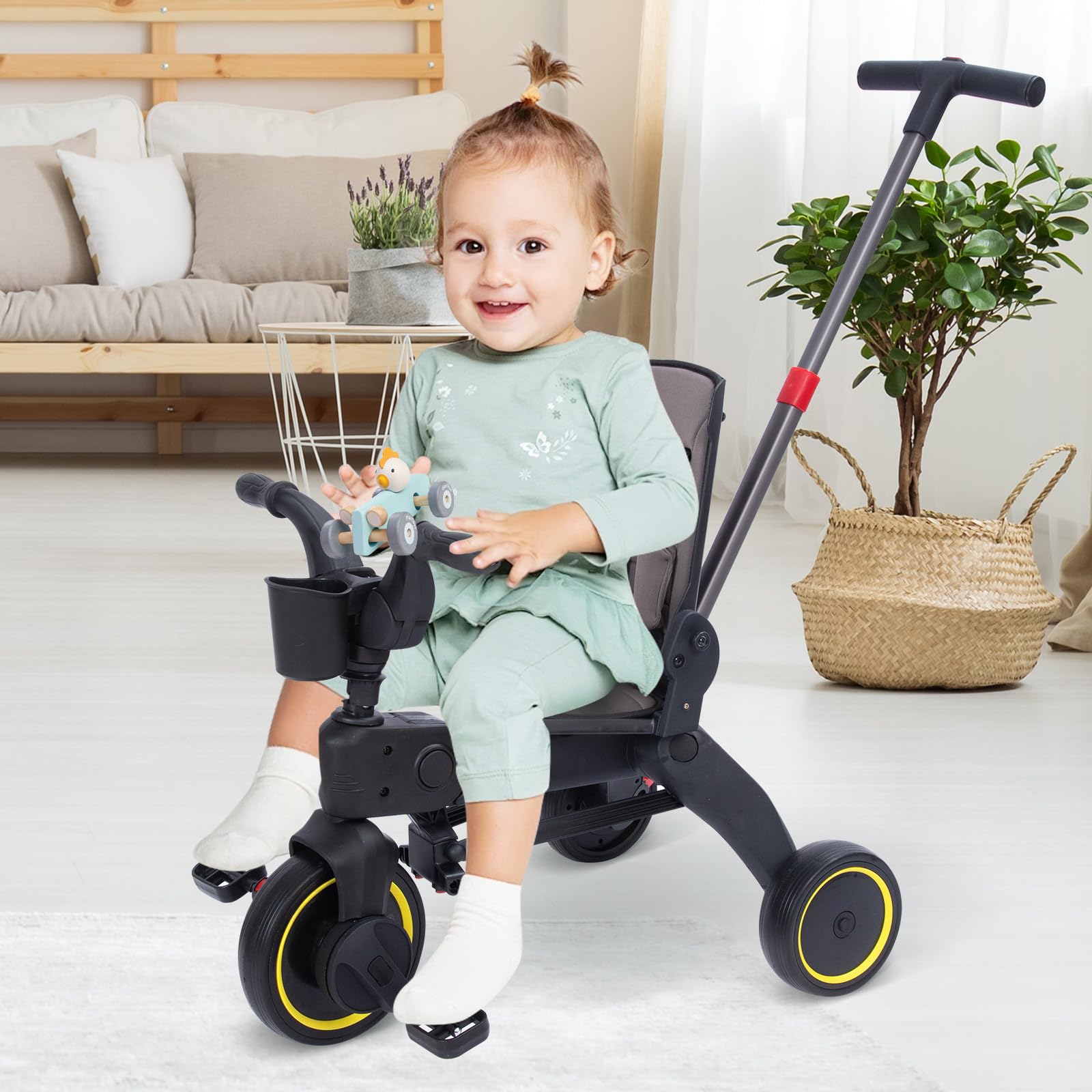 5-in-1 Foldable Baby Tricycle with Removable Push Handle & Safety Harness - Adjustable Rotating Seat, Canopy & Storage Bag - Compact Toddler Bike for 1-3 Year Olds (Gray) - Perfect for Park Rides, Outdoor Play & Learning to Pedal