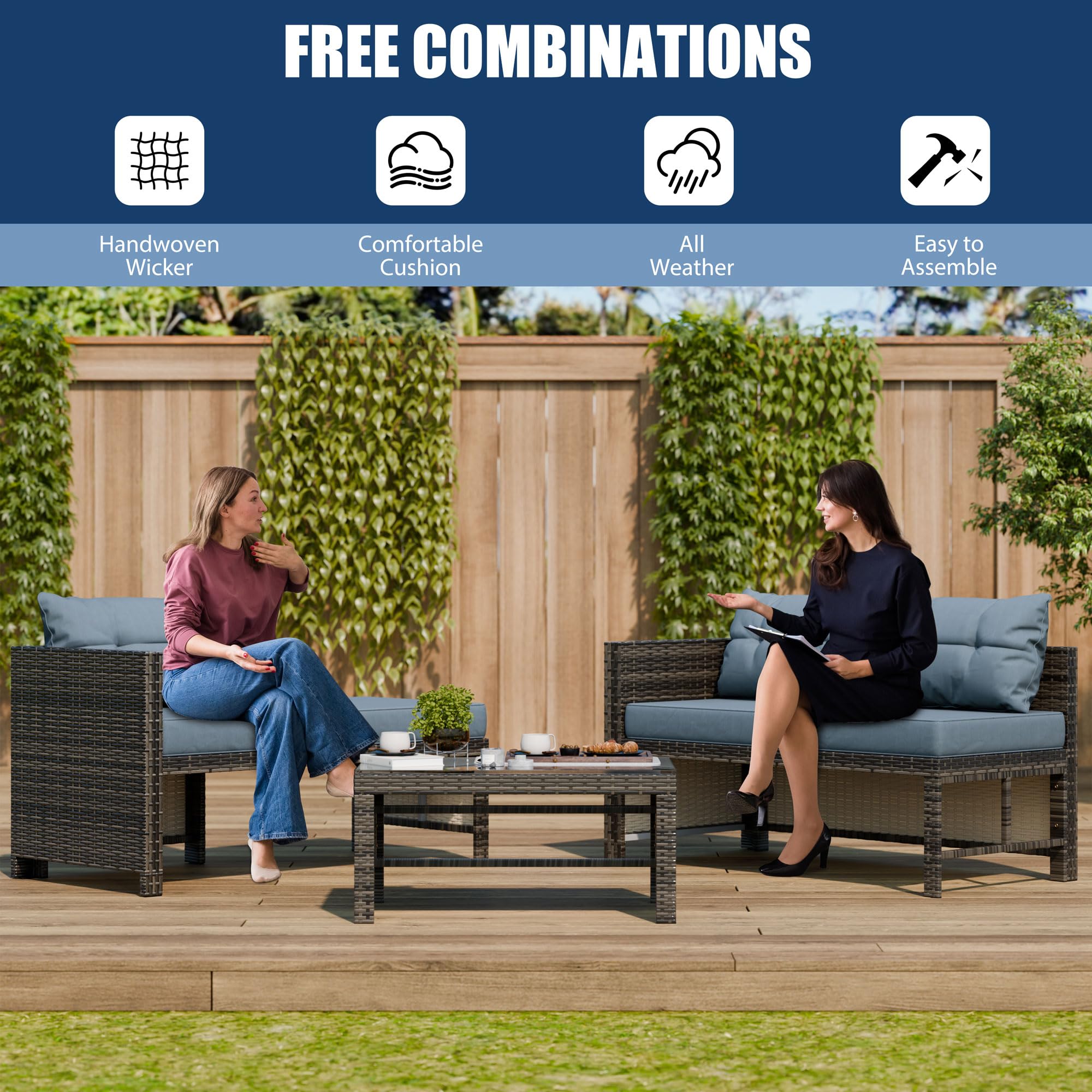 Vongrasig 3-Piece All-Weather Wicker Patio Furniture Set - Outdoor Sofa Sectional with Cushions & Glass Table - Blue Garden Conversation Set for Backyard, Deck, Poolside or Balcony
