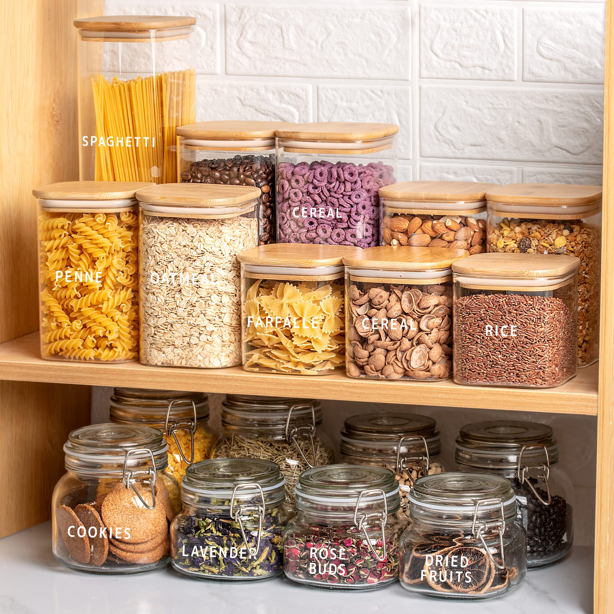 Premium Glass Jar Set with Bamboo Lids - 6-Piece (2x27oz, 2x40oz, 2x50oz) Square Canister Food Storage Containers + 160 Minimalist Pantry Labels & Custom Stickers - Ideal for Kitchen Organization, Pantry Storage, and Bulk Food Preservation