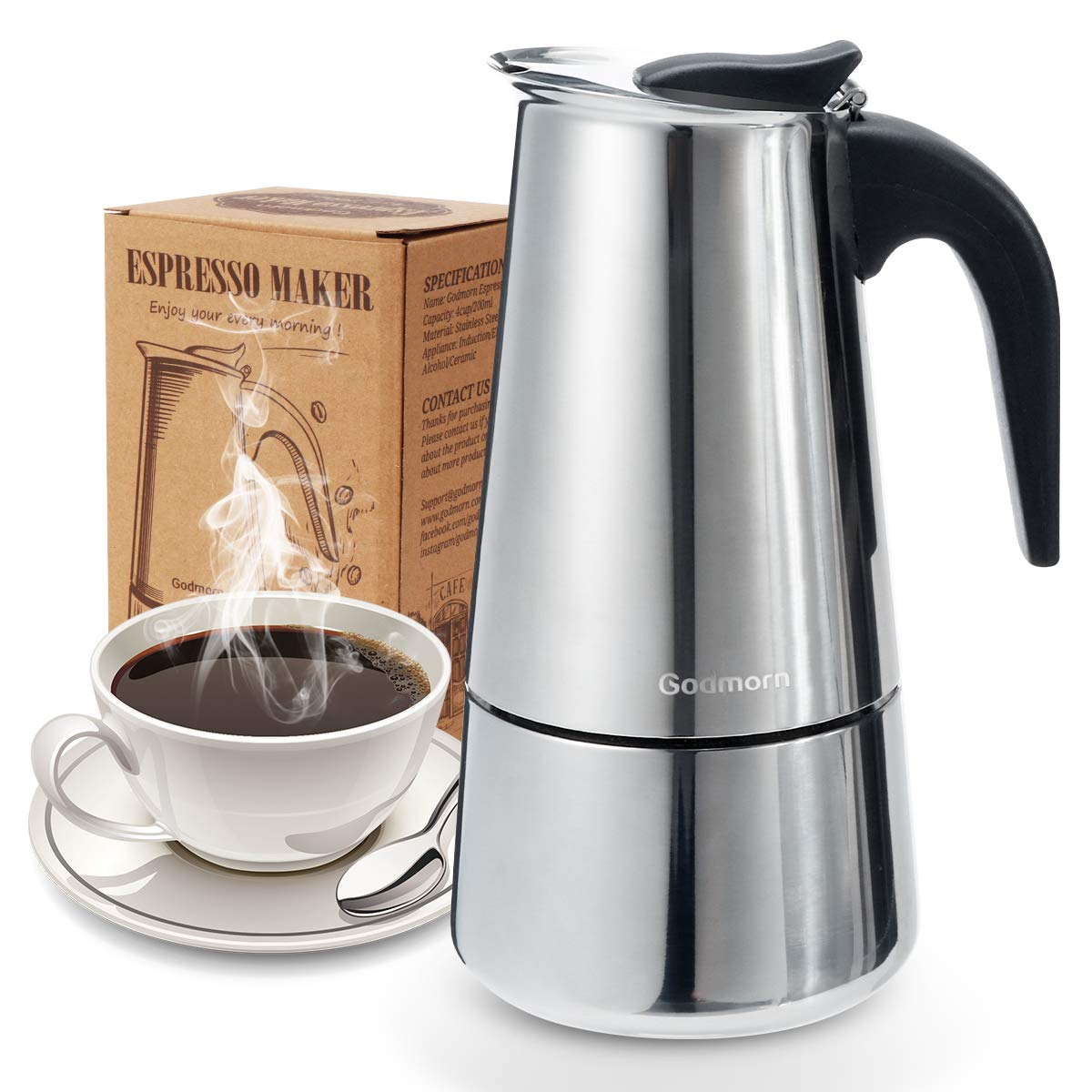 Godmorn 15oz Stovetop Espresso Maker - Italian Moka Pot Coffee Maker for Induction Cooktops, 450ml Stainless Steel Percolator (9 Cup Capacity) - Perfect for Home Brewing, Camping & Office Use