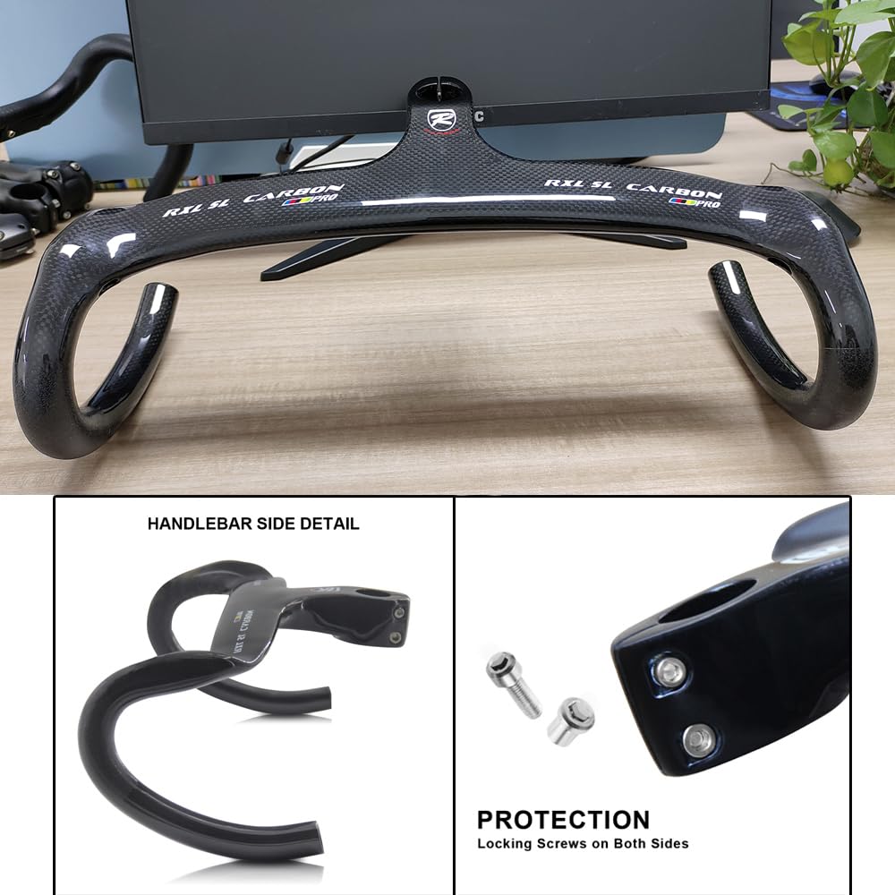 RXL SL Carbon Fiber Road Bike Handlebars with Integrated Stem - 3K Glossy/Matte Drop Bars 400/420/440mm - 1-1/8