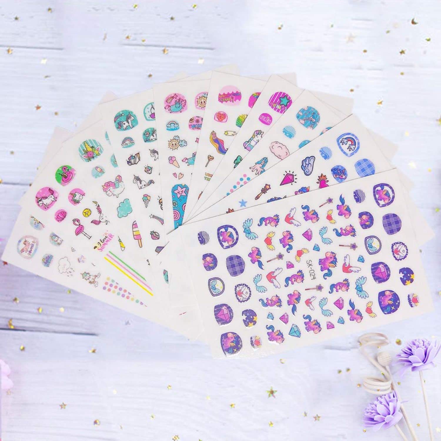 FAMEZA 3D Self-Adhesive Nail Stickers - Cute Unicorn, Star, Moon & Rainbow Nail Art Decals for Kids DIY Manicure - Perfect for Birthday Gifts & Party Favors (Includes Free Tweezer) - Great for Home Nail Salon, Sleepovers & Girls' Night Out