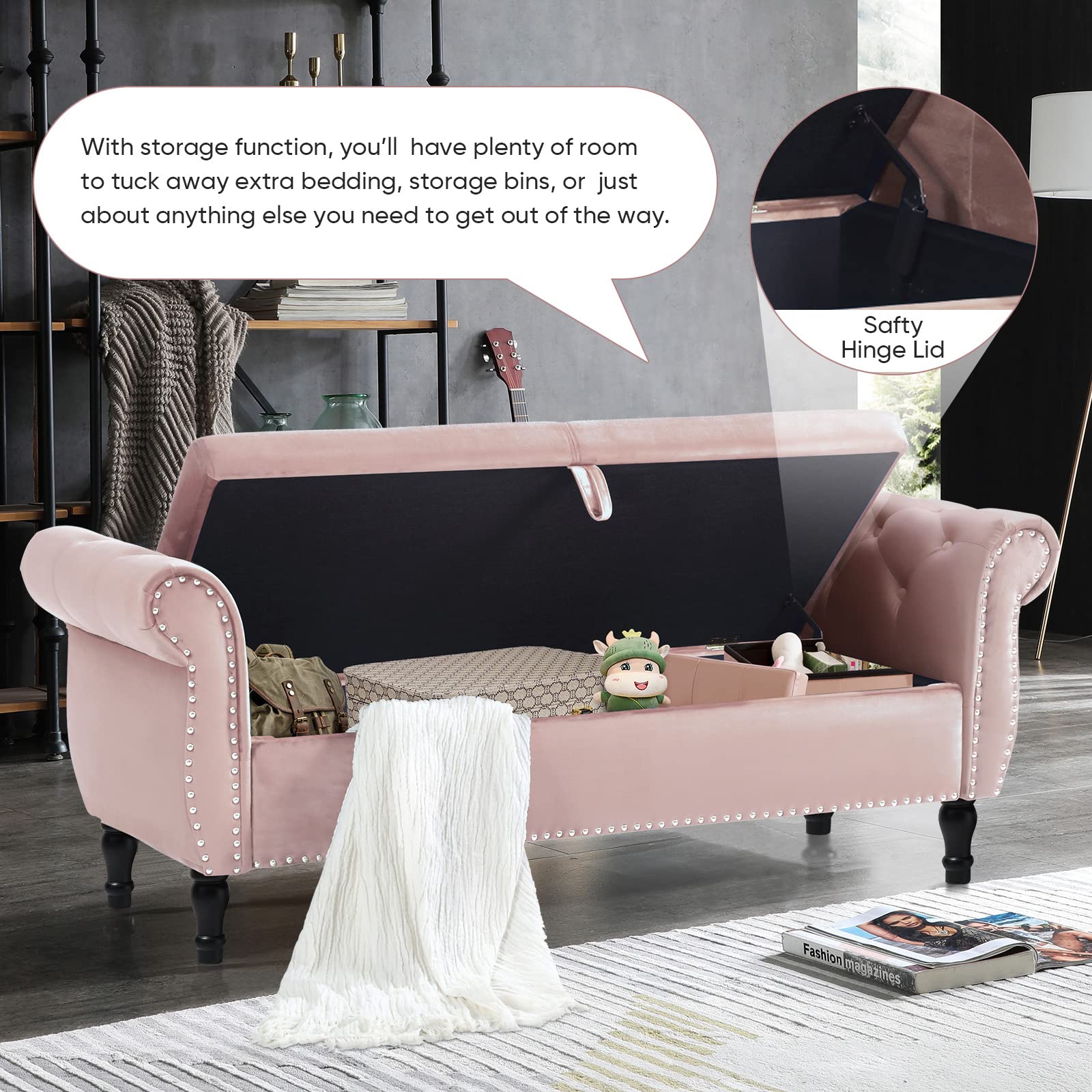 Velvet Storage Ottoman Bench with Tufted Upholstery - Mid Century Modern Small Bench with Hidden Storage & Toss Pillow - Multi-Functional Footrest, Bed End Bench, Entryway Seating for Bedroom, Living Room, Hallway (Pink) - Perfect for Small Space Organization & Cozy Home Decor