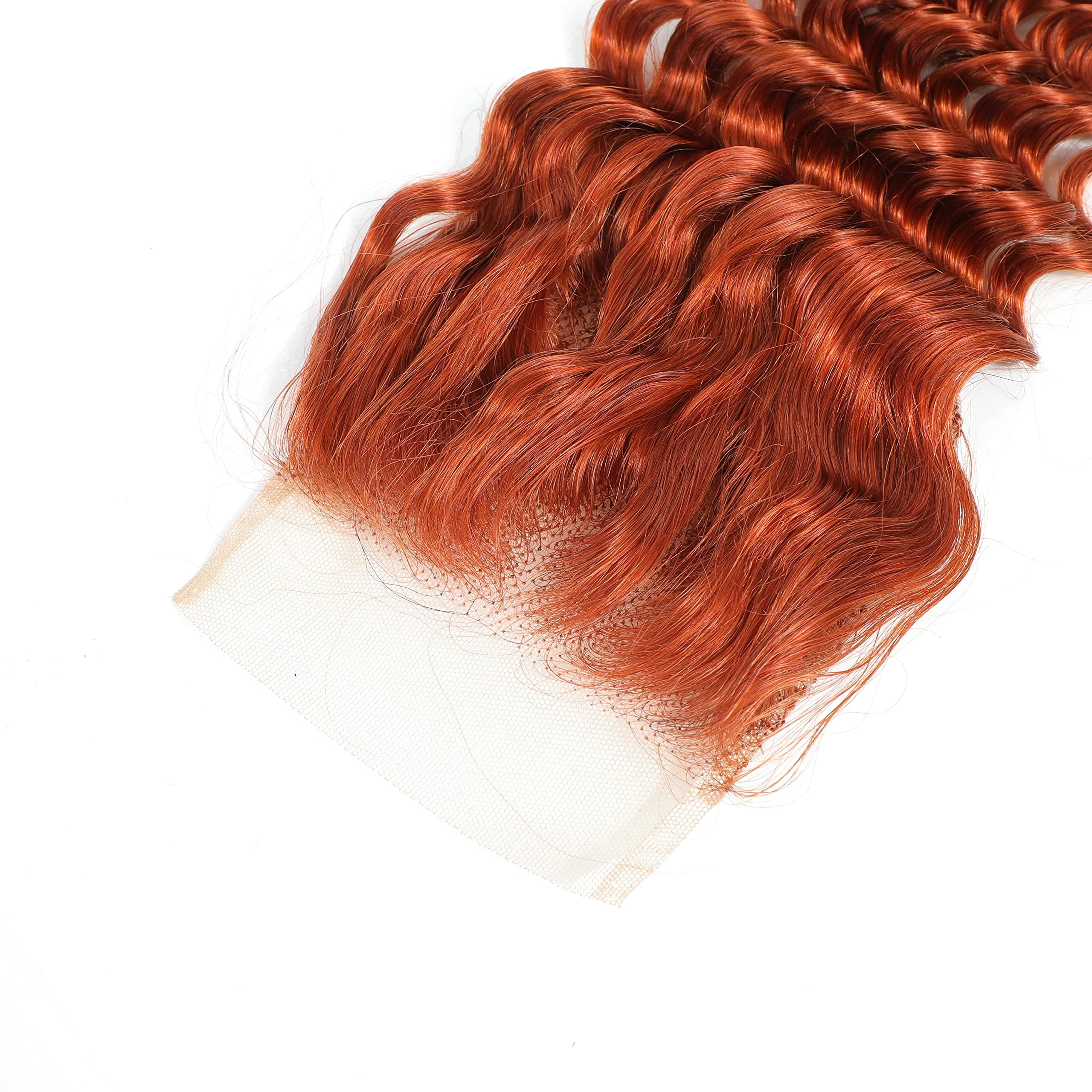 Brazilian Virgin Human Hair Bundles with 4x4 Lace Closure - Deep Wave 16 18 20+16 Inch Ginger Color Curly Weave Hair Extensions for Black Women | Perfect for Daily Wear, Special Occasions & Protective Styling