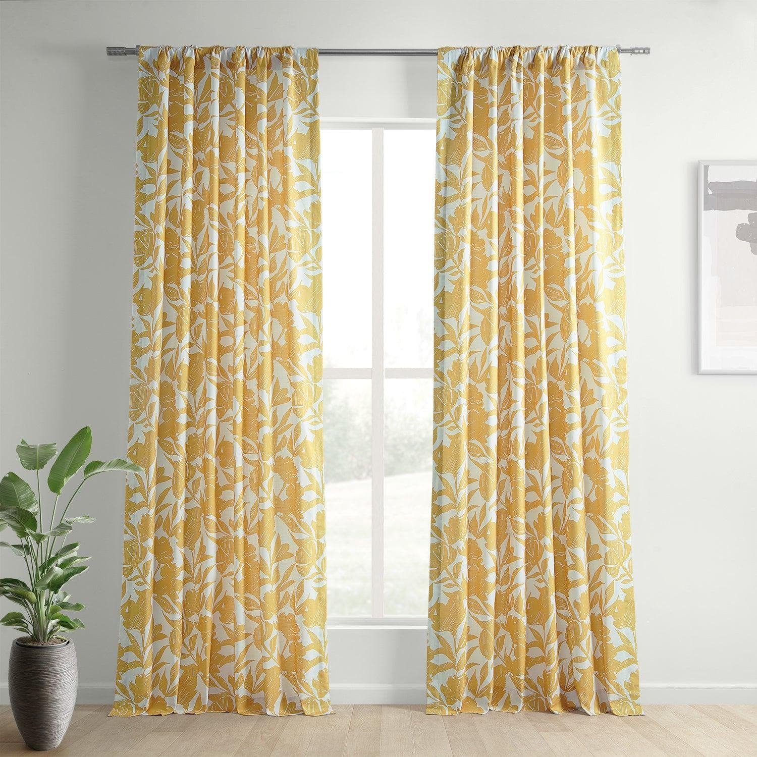 Meadow Marigold Floral Print Cotton Curtains - Light Filtering Window Drapes for Living Room, Bedroom & Nursery Decor