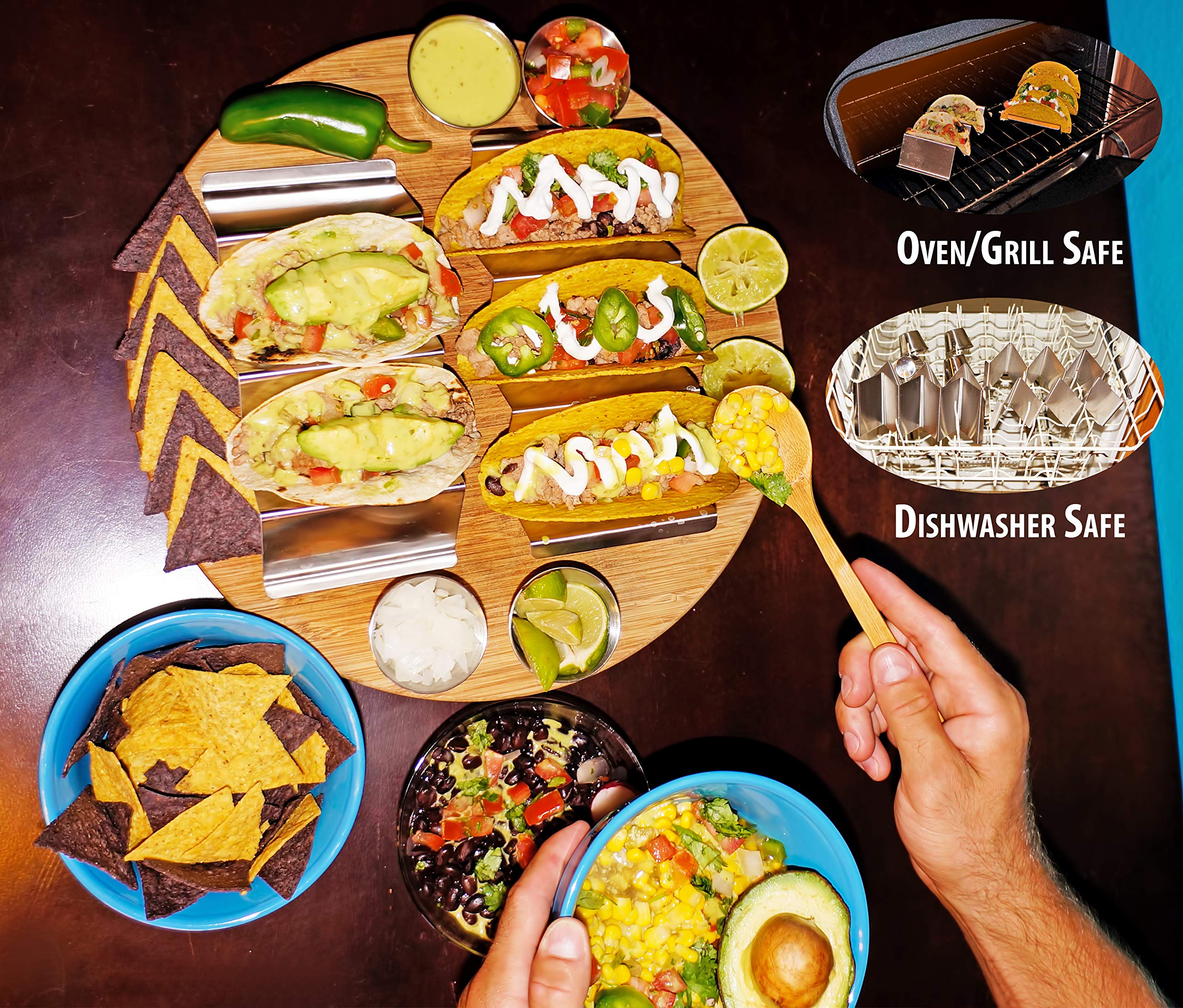 Stainless Steel Taco Holder Stand Set of 10 - Oven & Grill Safe Taco Racks with Handles for Easy Filling & Serving - Perfect for Taco Parties, BBQs & Mexican Food Nights - Fiesta Kitchen Taco Trays