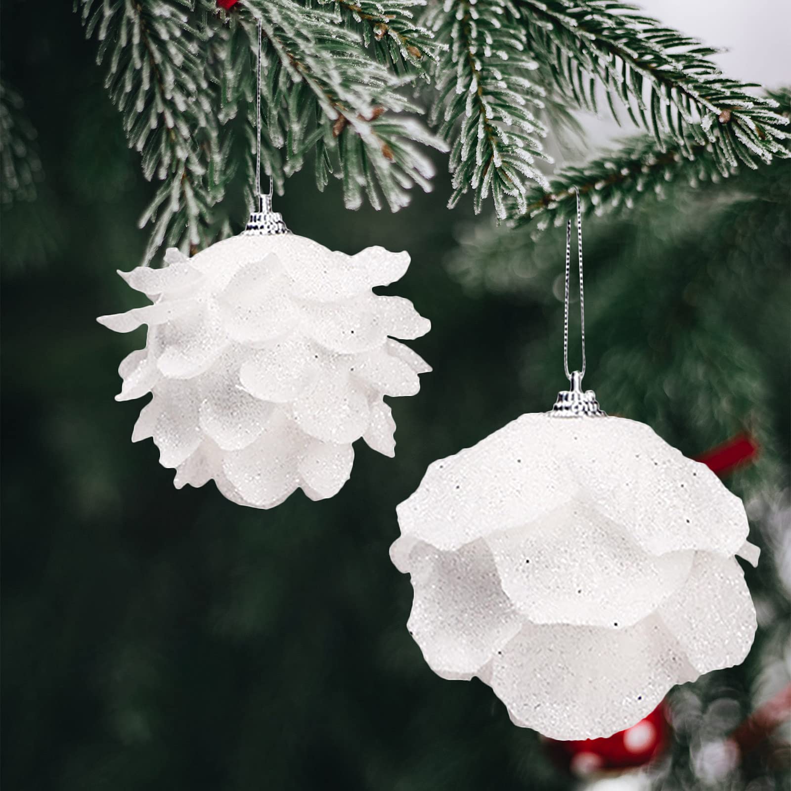 6Pcs Shatterproof Christmas Ball Ornaments - Snow White Glitter Foam Hanging Decorations with Petal Design for Xmas Tree (8cm/3.15inch) - Perfect for Holiday Home Decor, Party & Gift Giving
