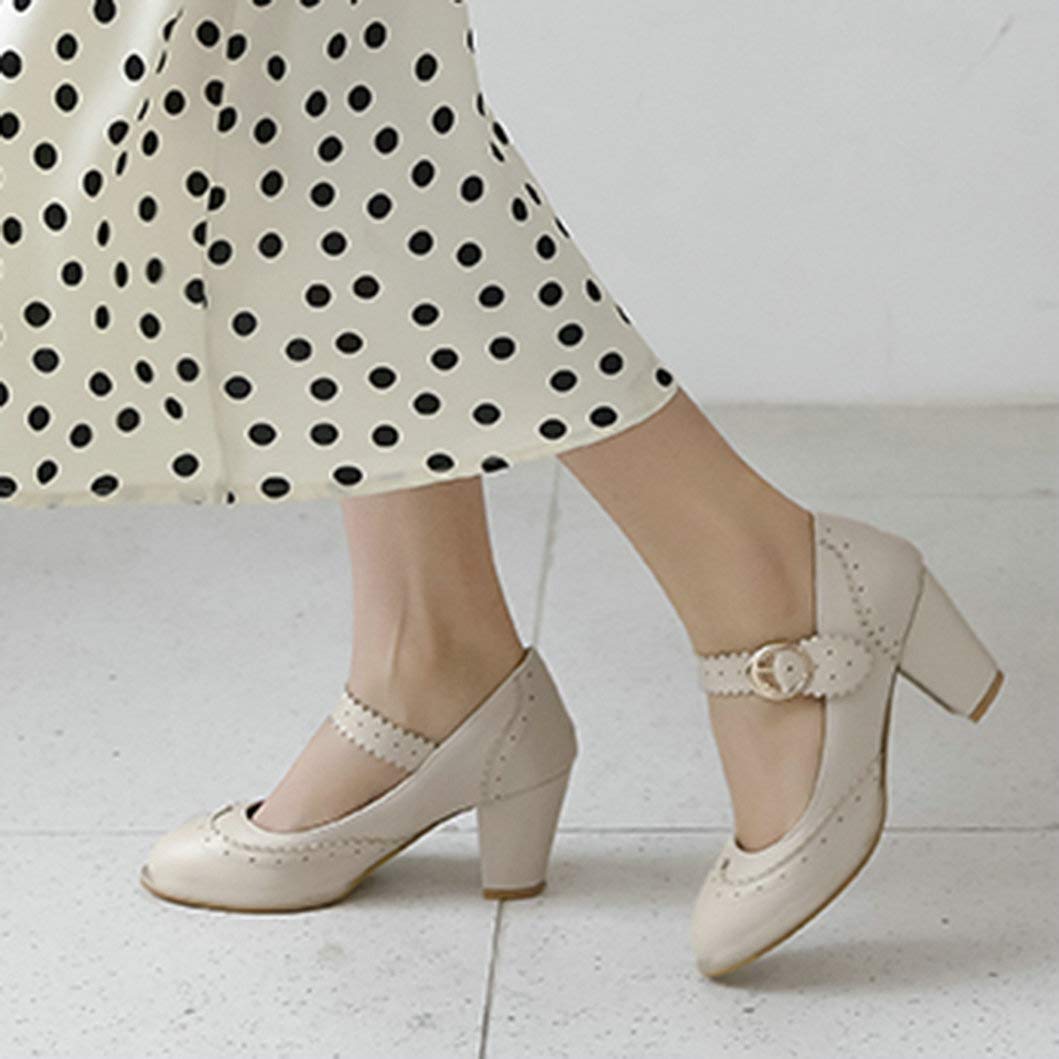 Vintage Women's Rockabilly Mary Jane Block Heel Pumps - Wingtip Closed Toe Dress Shoes for Retro Parties & Pinup Fashion