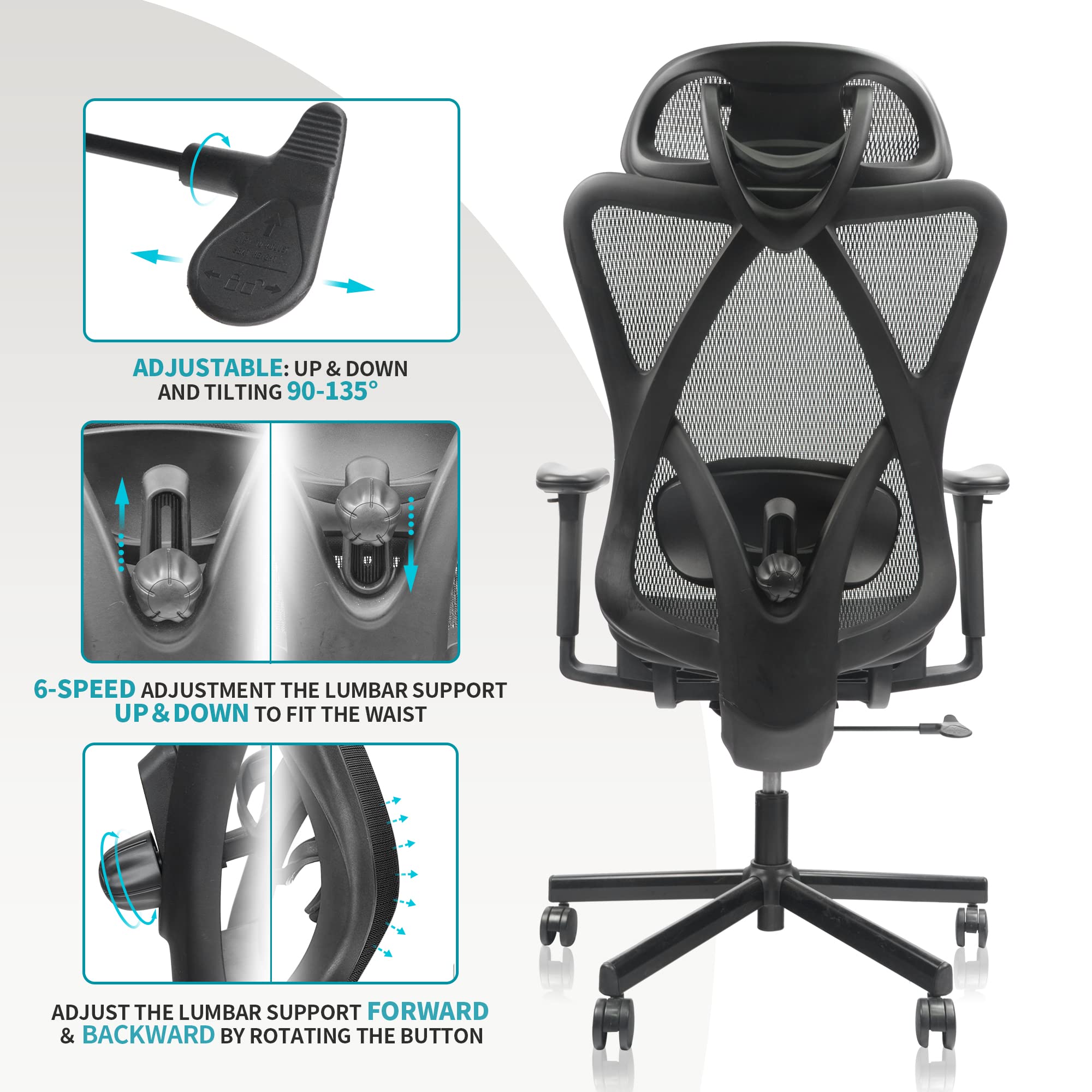 Ergonomic Mesh Office Chair with Adjustable Height, Lumbar Support & Headrest - High Back Desk Chair with Wheels, Tilt Function & Adjustable Armrests for Home Office, Gaming & Workspace Comfort