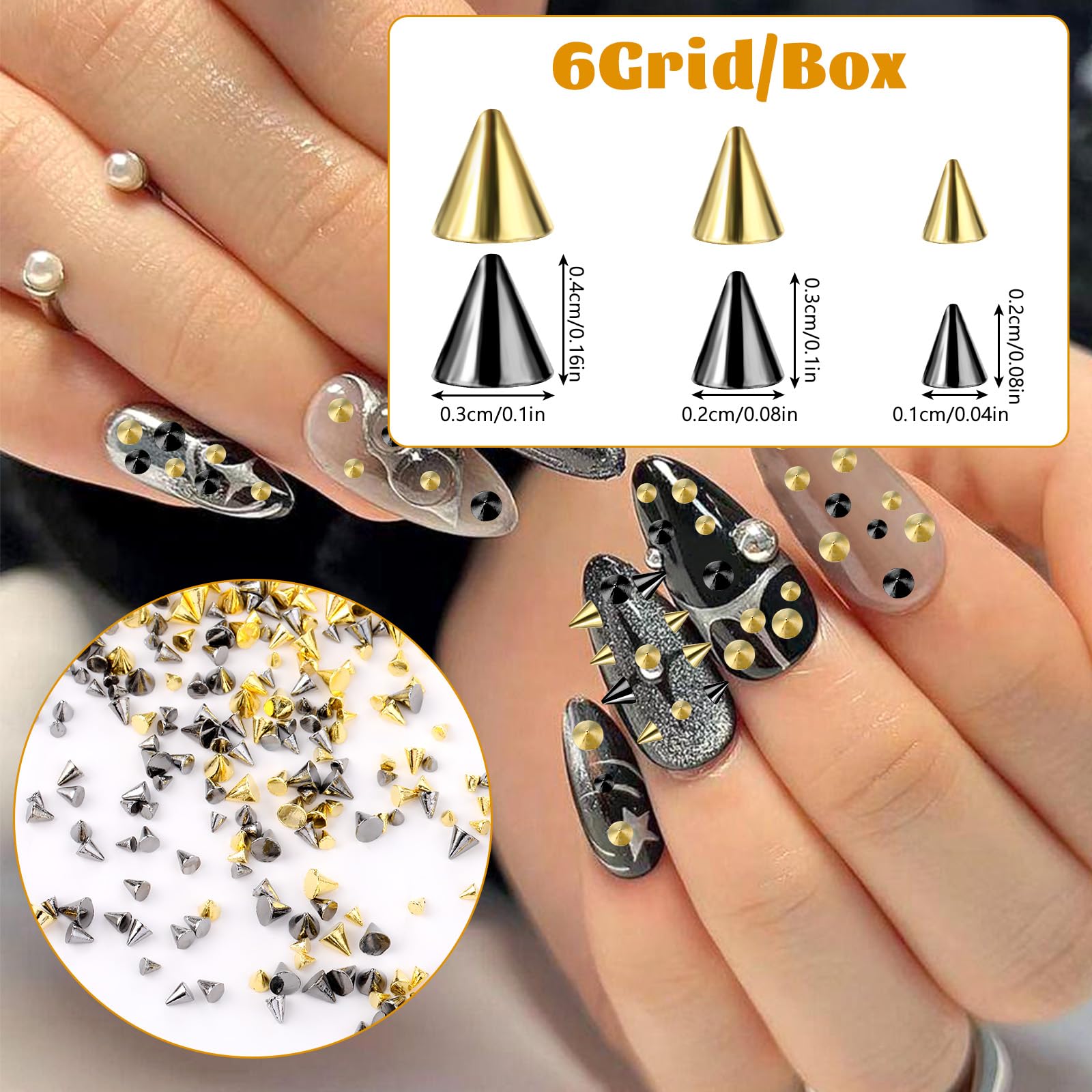 6 Grid/Box Mini Metal Studs for Acrylic Nails - Punk Style Gold & Black Nail Art Studs for DIY Manicure | Perfect for Nail Art Decoration, Salon Use & DIY Nail Crafts
