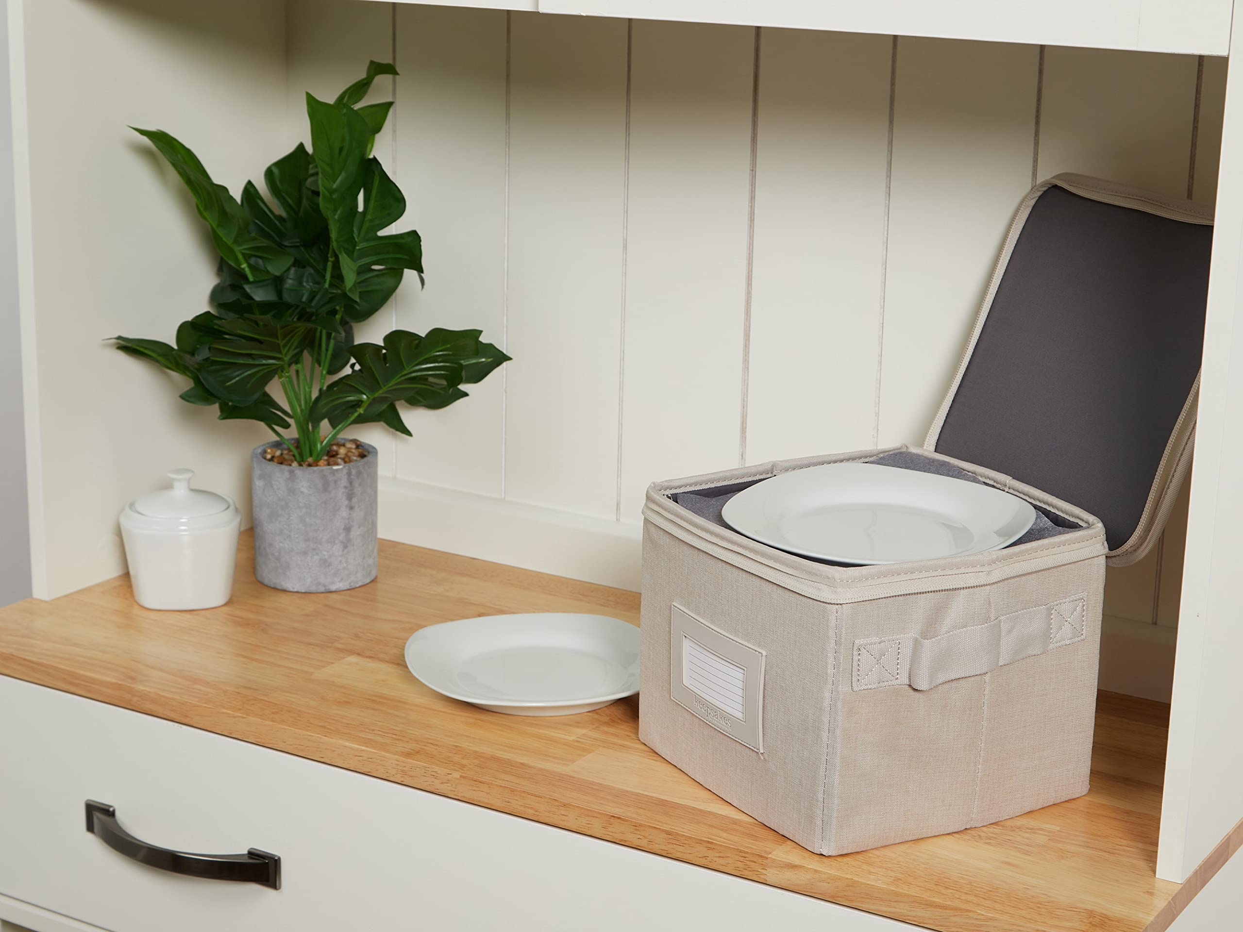 Covermates Keepsakes Dish Storage Box – Stackable Organizer with Reinforced Handles for China & Fine Dining Protection, Beige Heather | Perfect for Holiday China Storage, Buffet Serving, and Kitchen Organization