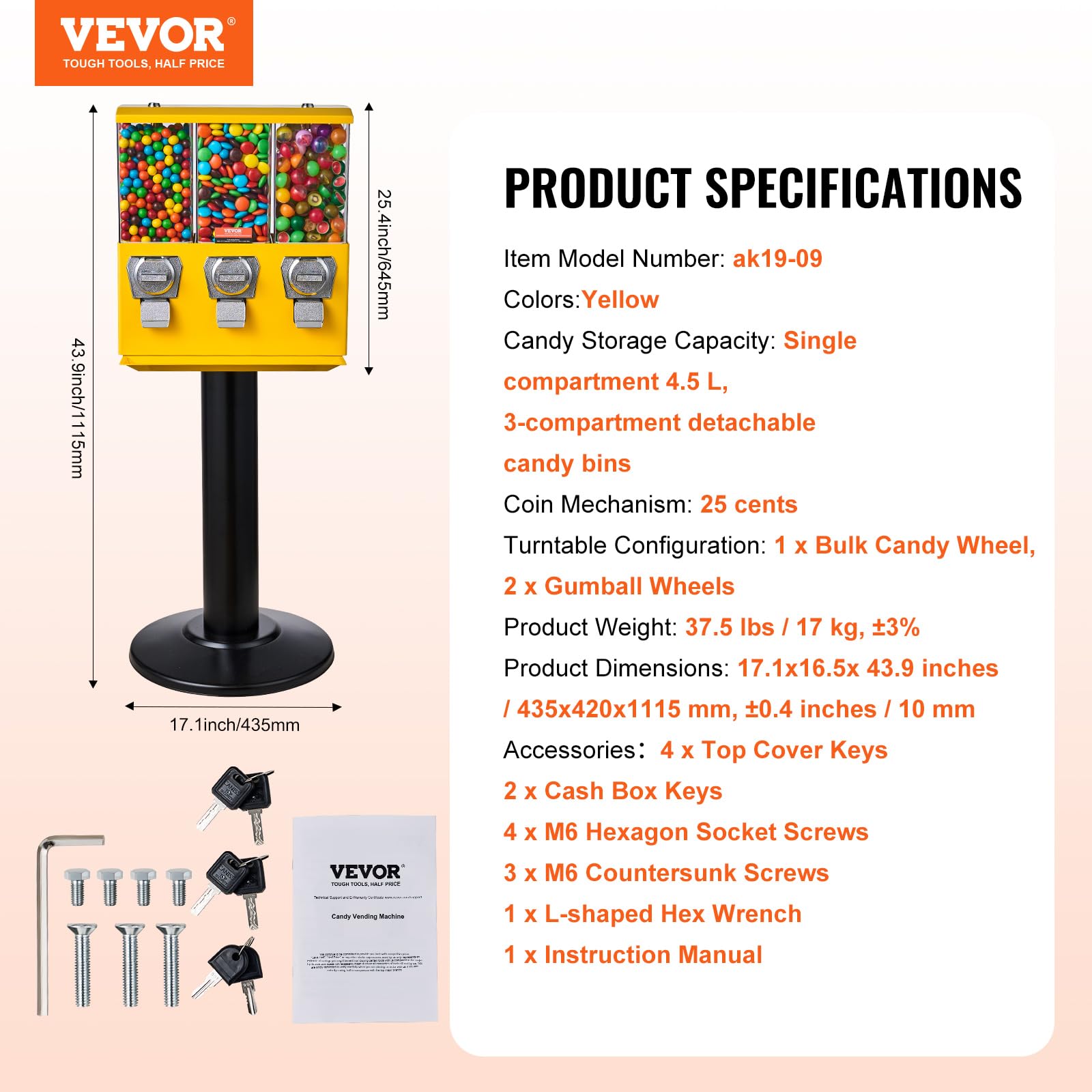 VBENLEM Triple Head Candy Vending Machine - 1 Inch Gumball Dispenser with Adjustable Outlet & Stand | Commercial & Home Use for Arcades, Parties, Retail Stores, and Family Fun