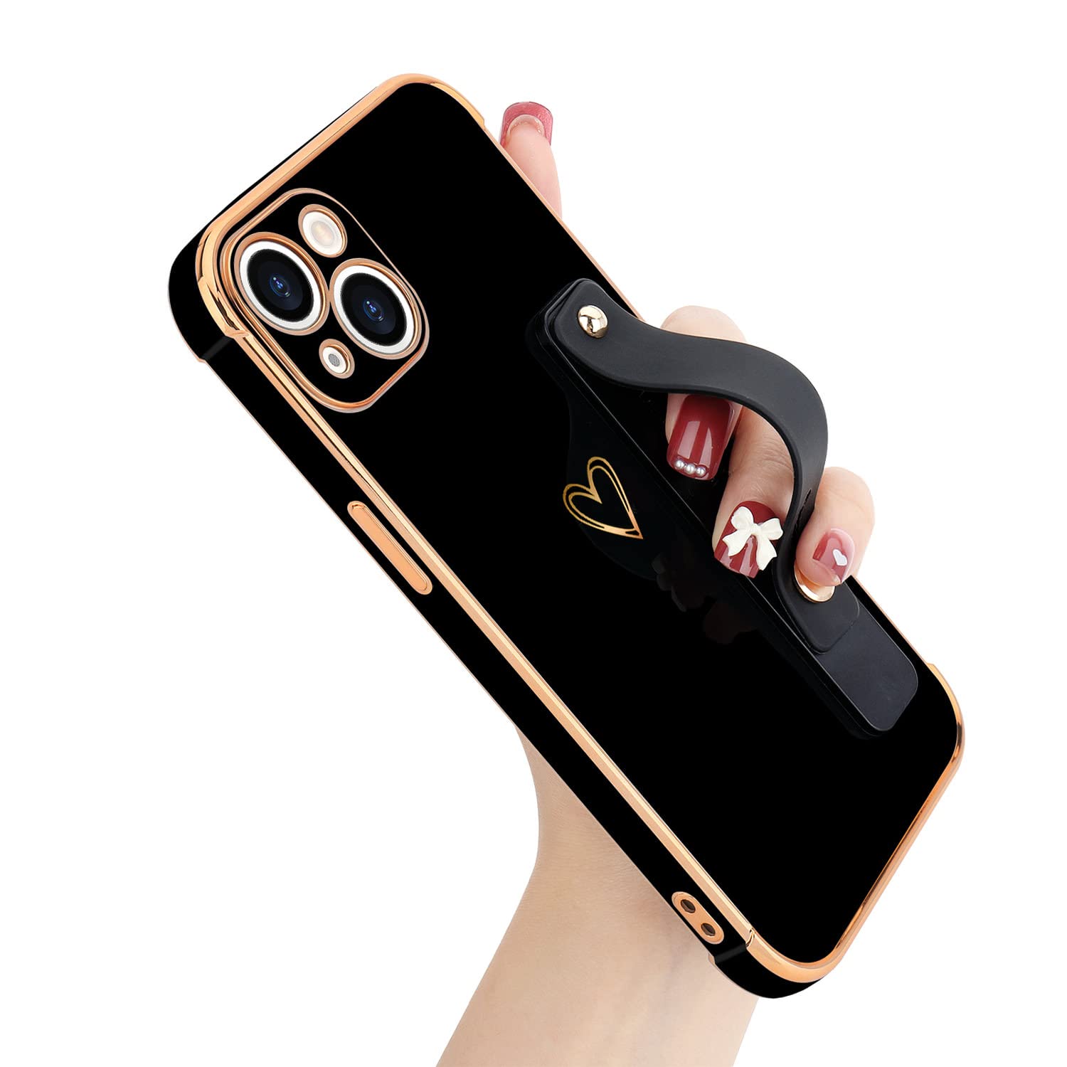 Luxury Bling iPhone 13 Case for Women - Cute Heart Design with Adjustable Hand Strap & Shockproof Protection | Perfect for Daily Use, Work, and Travel - Black