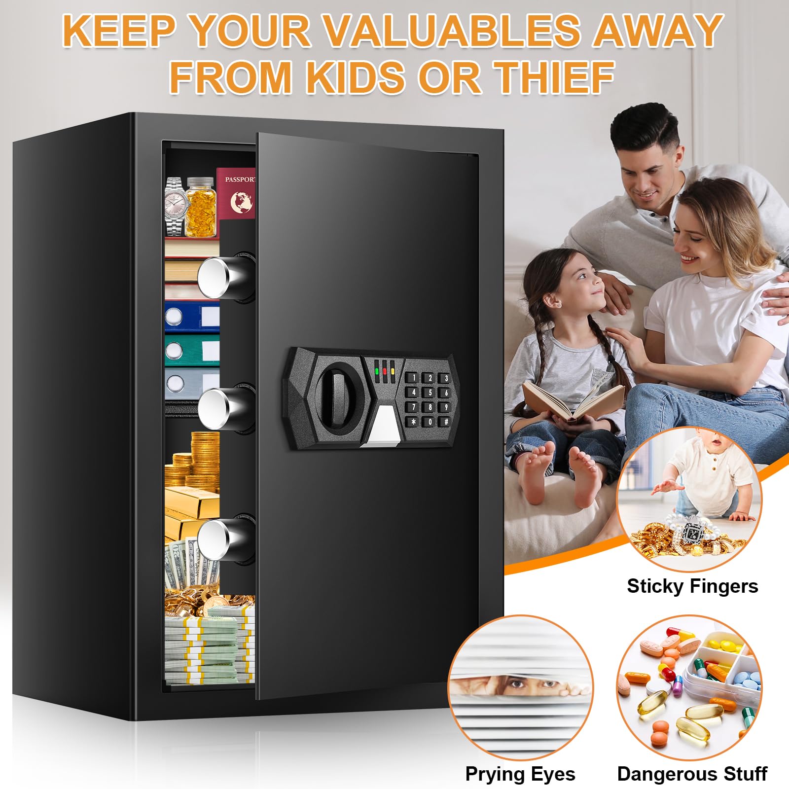 3.4 Cuft Fireproof and Waterproof Digital Safe Box for Home - Anti-Theft Security Safe with Electronic Keypad, Mute Mode & Alarm System - Ideal for Storing Jewelry, Cash, Documents, and Medicine (Home/Office/Bank Use)