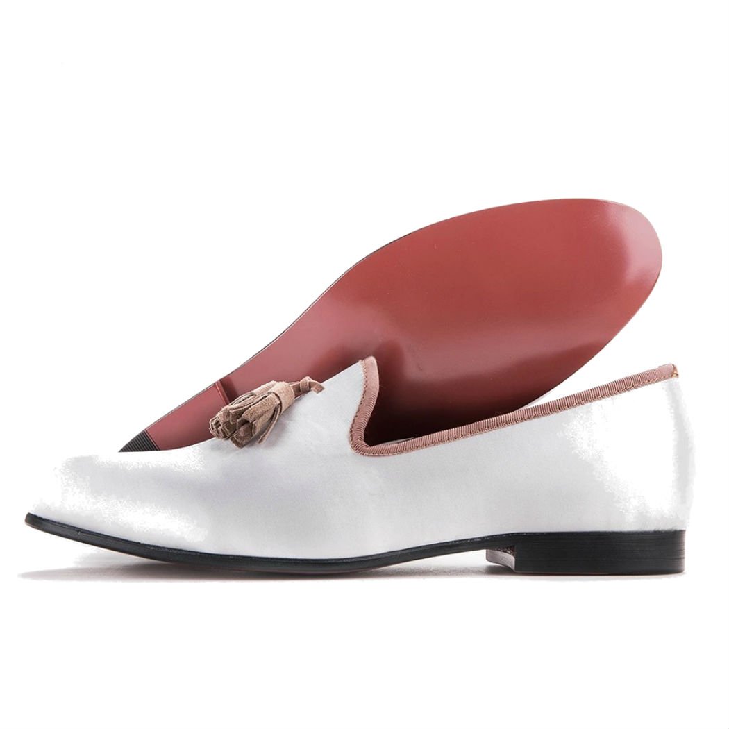 FERUCCI White Velvet Loafers with Brown Tassel - Custom-Made Women's Slippers for Home, Office & Special Occasions