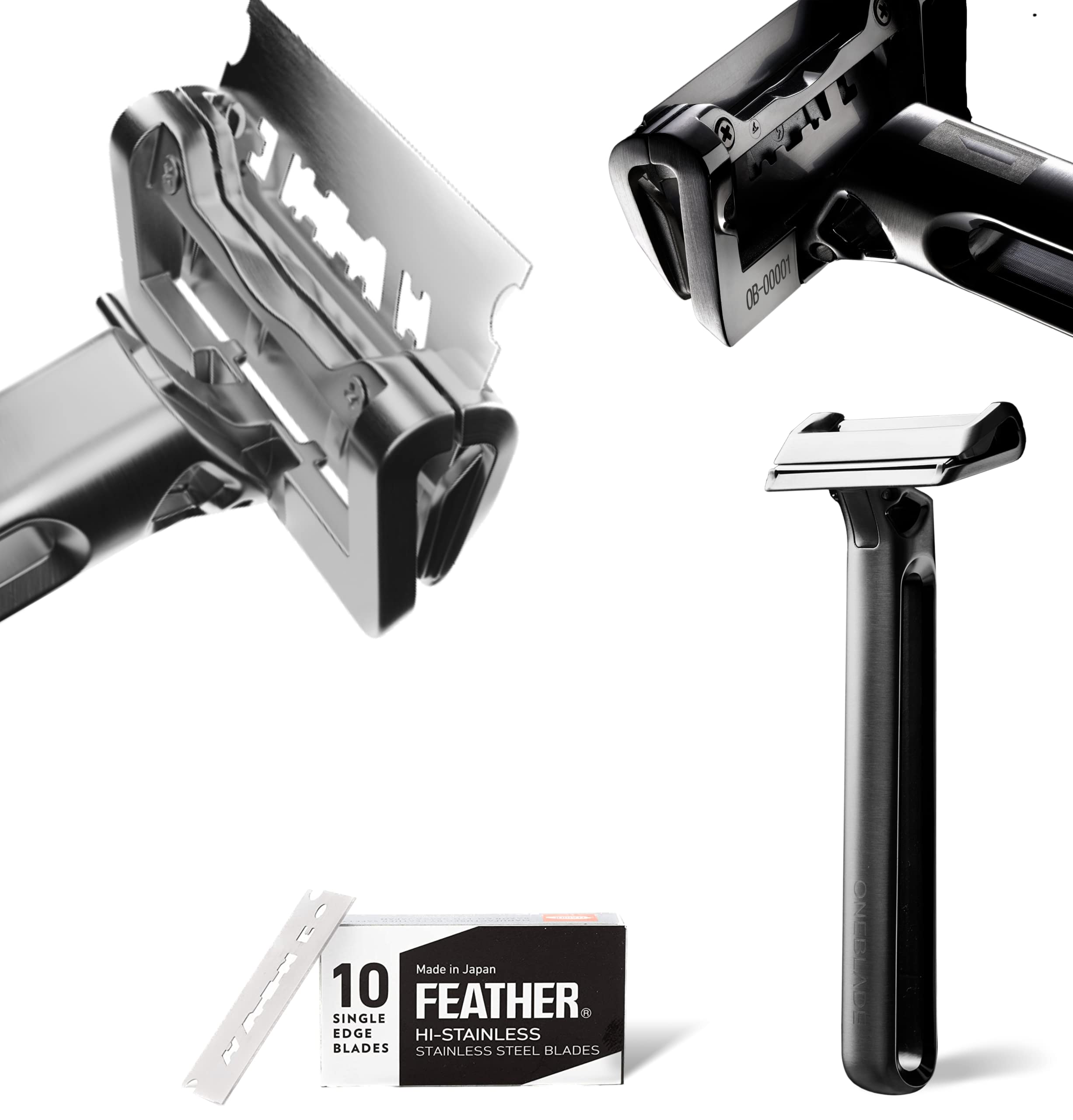 OneBlade Genesis Single Blade Safety Razor for Men - Premium Stainless Steel Pivoting Head Razor with Stand & 10 Japanese Feather FHS Blades - Best for Thick Coarse Beard & Sensitive Skin - Perfect for Daily Shaving, Travel & Gift Giving