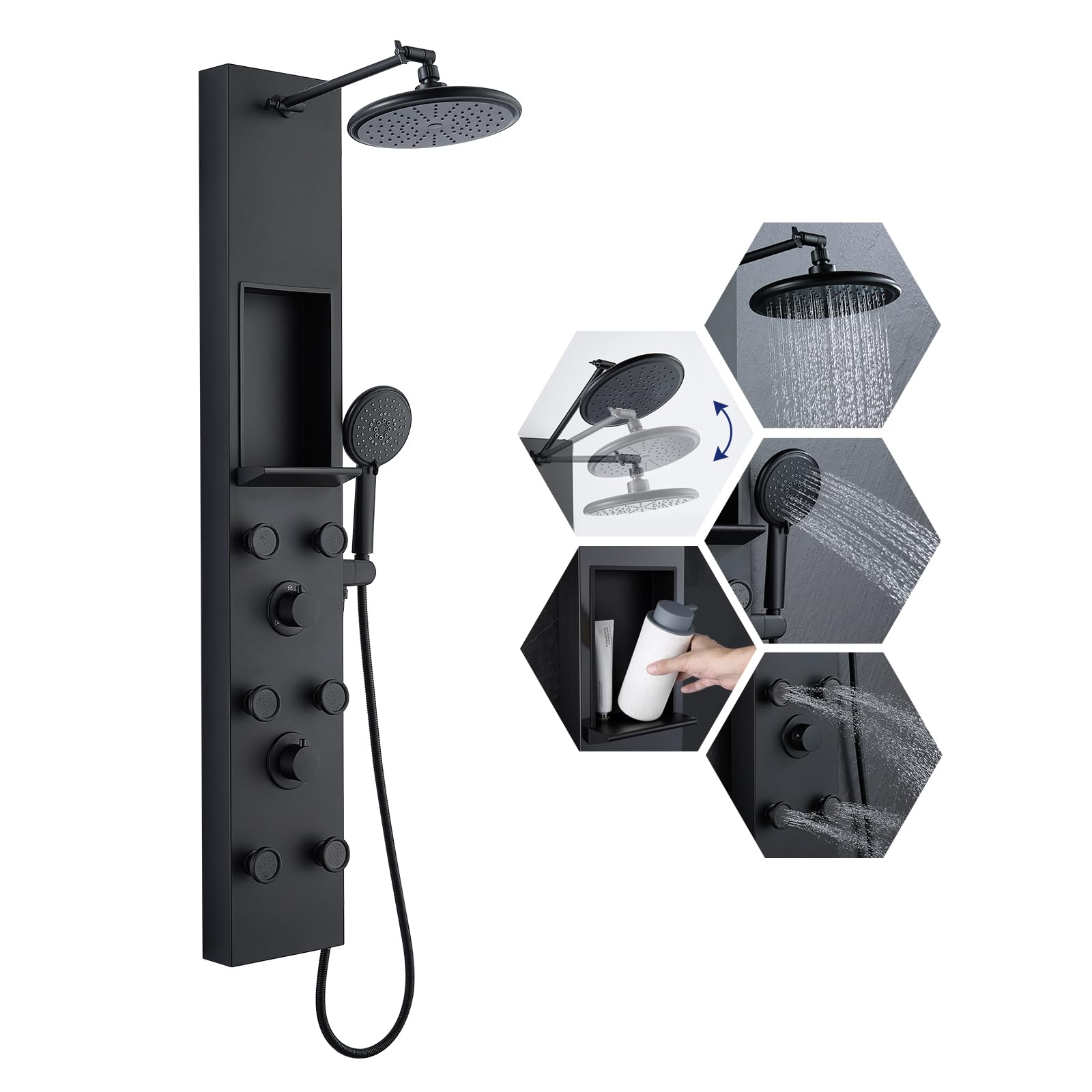 ROVATE Matte Black Shower Panel Tower System with 6 Body Jets, Rainfall Shower Head & Handheld - Adjustable Shower Arm, Self-Cleaning Stainless Steel Shower Column with Shelf - Perfect for Modern Bathroom & Spa Experience