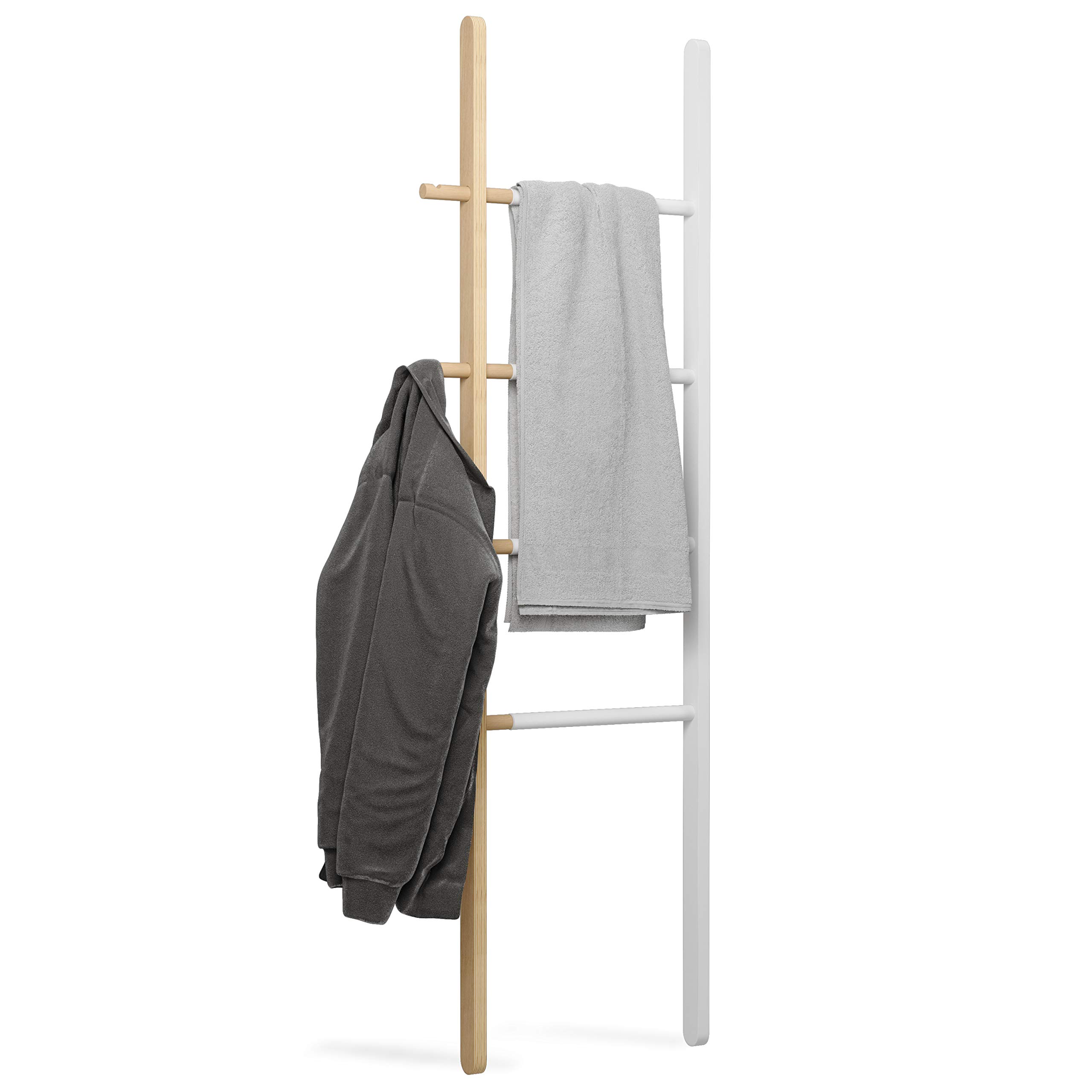 Umbra Hub Ladder - Expandable Freestanding Clothing Rack, Bathroom Towel Holder & Clothes Organizer in White/Natural - Perfect for Bedroom, Laundry Room & Small Space Organization