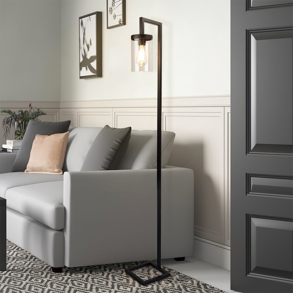 Modern Industrial Square Base Floor Lamp - Rustic Farmhouse Metal Standing Light with Hanging Glass Shade, Tall Pole Reading Lamp for Living Room, Bedroom, Office | Bulb Included | Perfect for Cozy Reading Nooks & Home Office Lighting