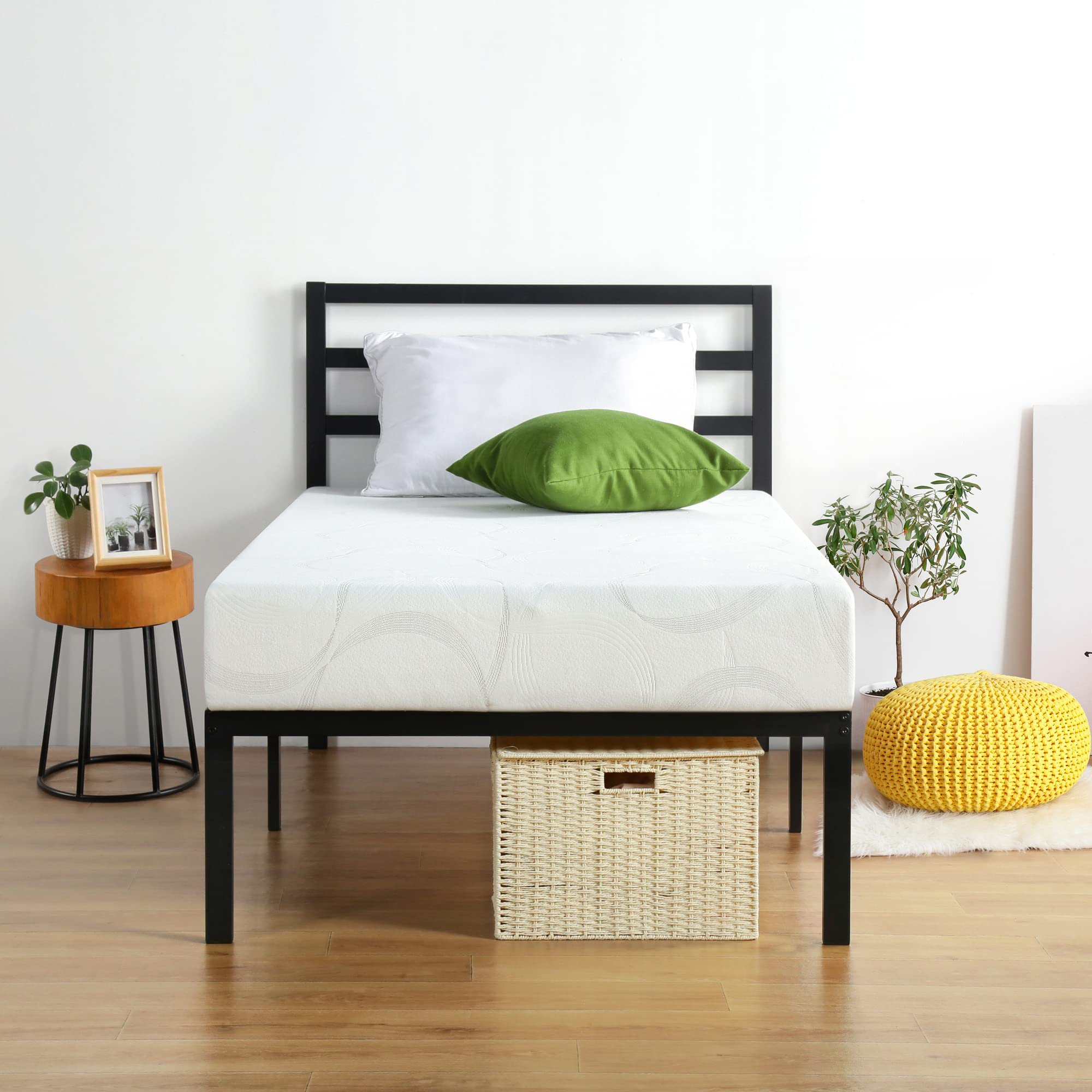 Olee Sleep 14 Inch Twin Metal Platform Bed Frame with Slat Headboard - Sturdy Durable Support for Mattress, No Box Spring Needed - Perfect for Kids Room, Guest Bedroom & Small Spaces