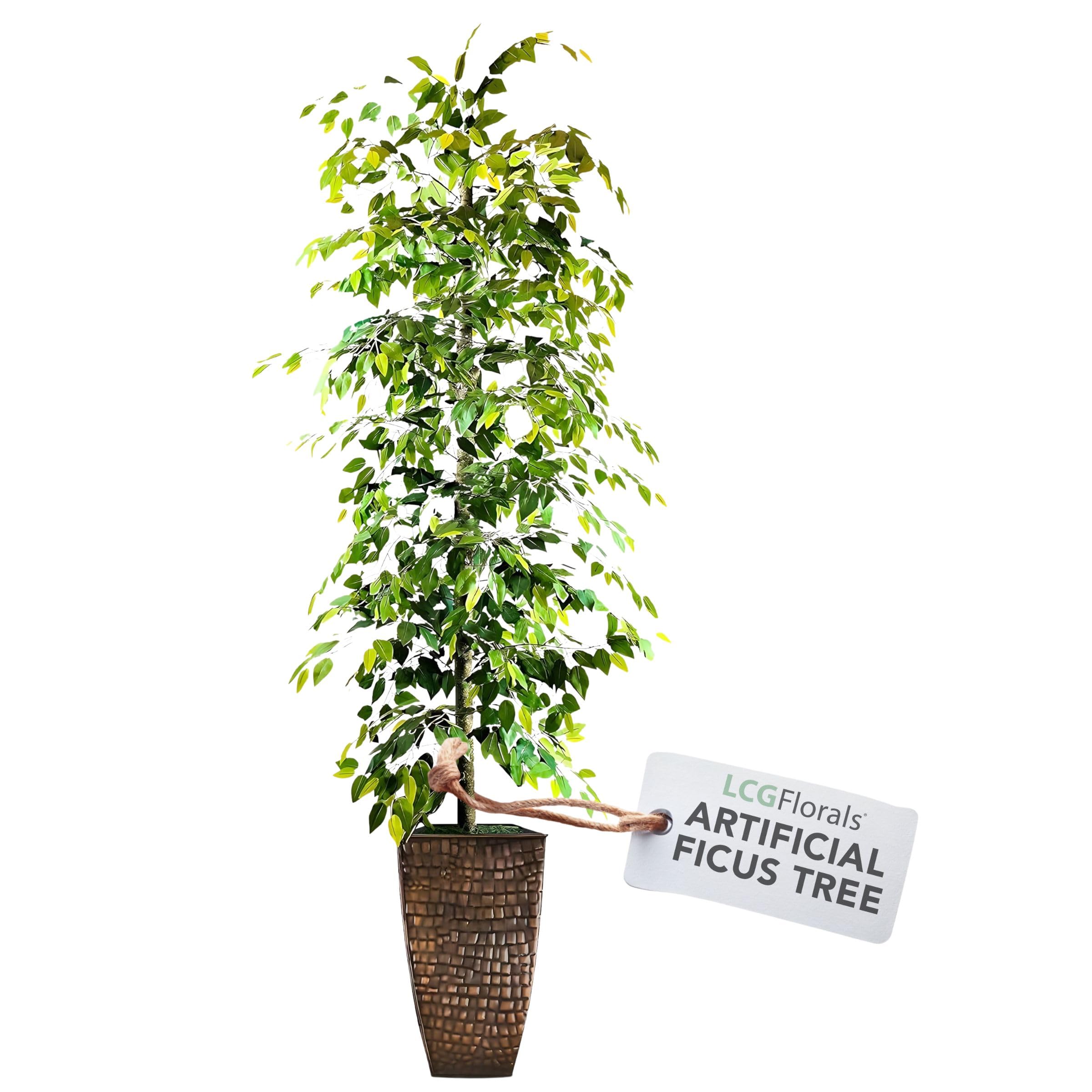 LCG Florals - 8FT Artificial Ficus Tree with Real-Wood Trunk in Copper Metal Pot - Indoor Outdoor Faux Plant for Home, Office, Patio Decor - Perfect for Living Room, Bedroom, Garden & Commercial Spaces