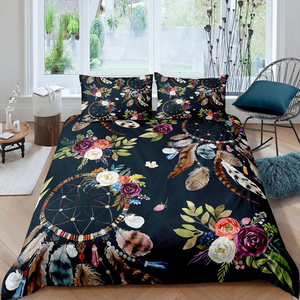 Navy Blue Dreamcatcher Duvet Cover Set - Twin Size Floral Bedding with Feather & Rose Design for Girls, Boys, Teens & Adults | Soft Luxury Quilt Cover 2pc Set | Perfect for Kids' Rooms, Guest Bedrooms & Cozy Home Decor