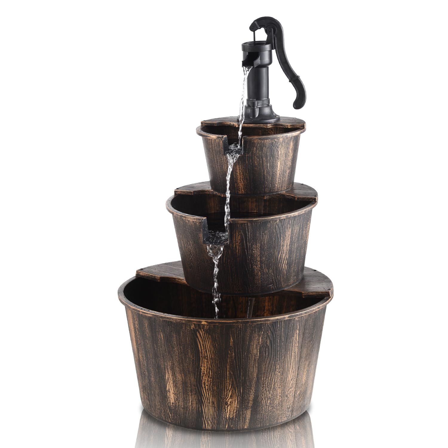 YI 40-Inch 3-Tier Barrel Waterfall Fountain - Rustic Wood Outdoor Water Feature with Pump for Garden, Patio, Backyard - Perfect for Relaxation & Landscape Decoration