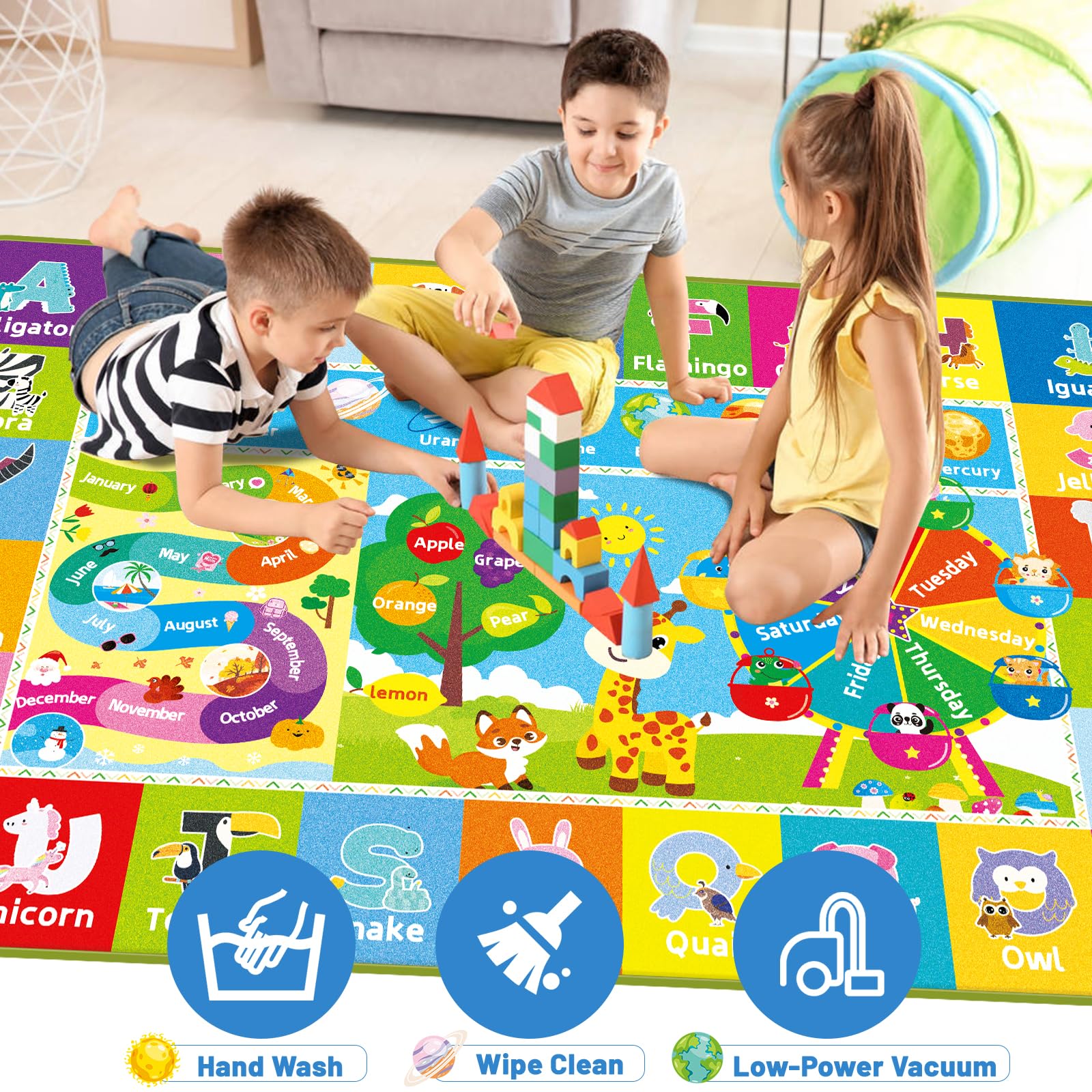 **AKASISRUG Educational Kids Play Mat - ABC, Animals, Months, Weeks, Fruits & Planets Learning Rug for Playroom, Classroom & Bedroom - Non-Slip Baby Play Mat (78.7