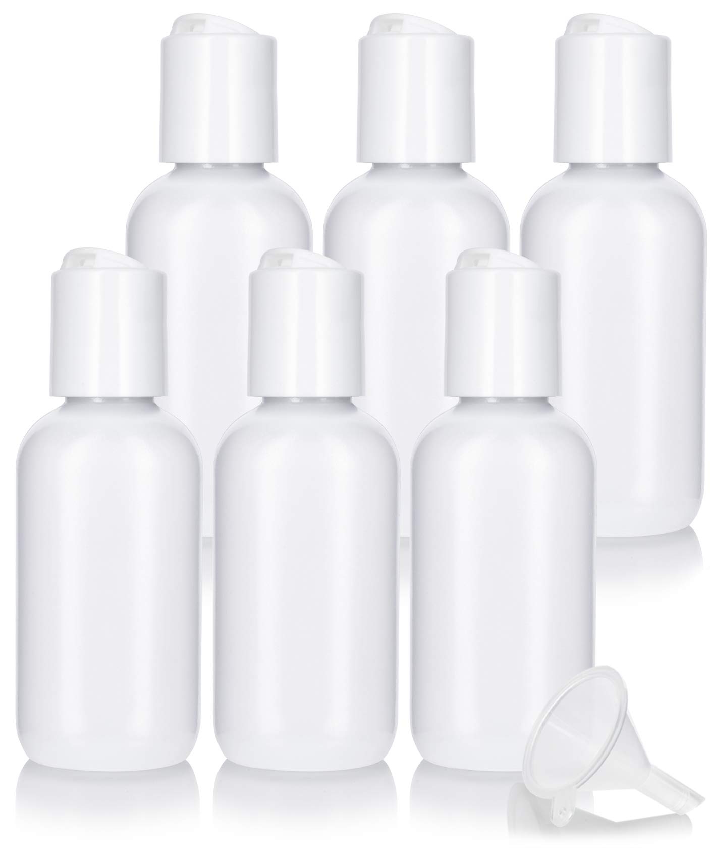 JUVITUS 2 oz Clear Natural LDPE Plastic Squeeze Bottles with White Disc Caps (6 Pack) - Leak Proof Travel Containers for Essential Oils, Lotions & DIY Cosmetics + Includes Free Funnel