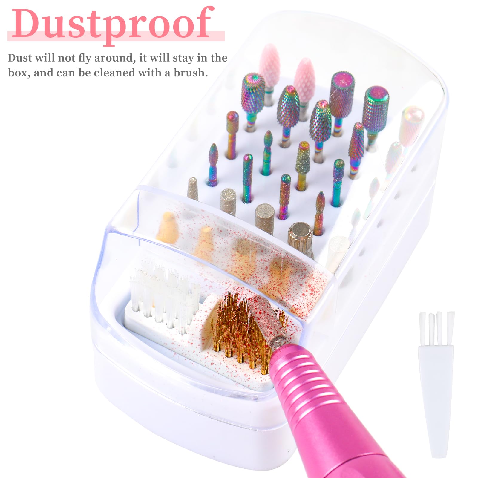 2 in 1 Nail Drill Bits Holder & Cleaner - 30 Hole Dustproof Storage Box with 3 Cleaning Brushes - White Acrylic Plastic Nail Art Kit for Professional & Home Manicure & Pedicure - Perfect for Nail Salons, DIY Nail Care & Travel Beauty Essentials