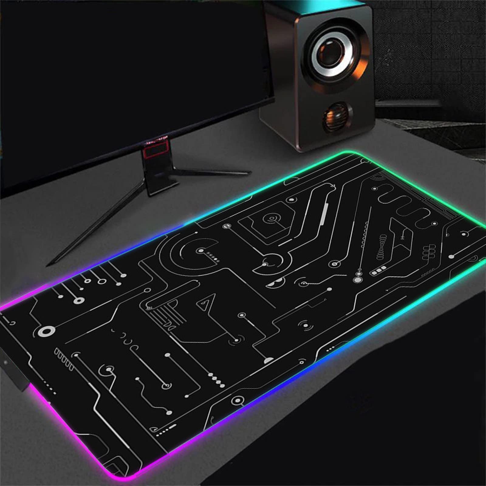 RGB Gaming Mouse Pad with Anti-Skid Rubber Base & Stitched Edges - 15.7x35.4 Inch Large LED Mousepad for PC & Laptop - Perfect for Gaming, Office Work & Home Use - Black & White Tech Design