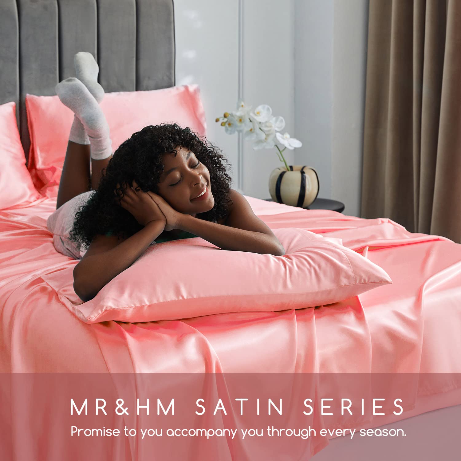 MR&HM Satin Bed Sheets Set - 6 Piece King Size Silky Bedding with 15