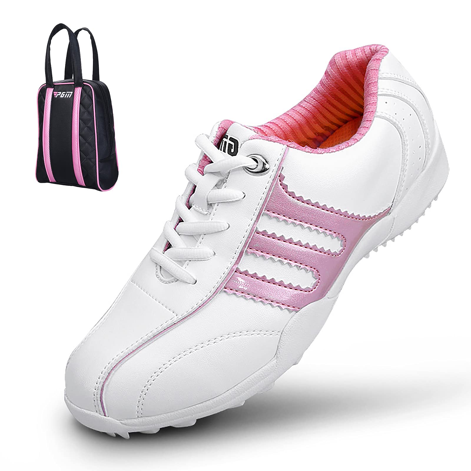 XSJK Women's Golf Shoes - Lightweight Waterproof Anti-Slip Breathable Spiked Golf Shoes for Women | Classic Walking & Training Shoes | White/Pink Size 6.5 US | Perfect for Course Play & Practice Sessions