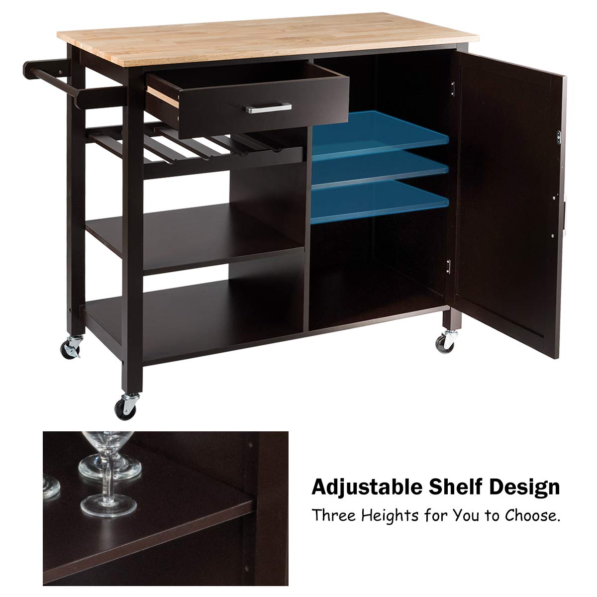 Giantex Kitchen Island Cart with Drawer & Storage Cabinet - Rolling Serving Cart with 4 Wine Bottle Rack, Towel Rack & Lockable Wheels - Wooden Trolley for Kitchen, Dining Room & Bar (Brown)